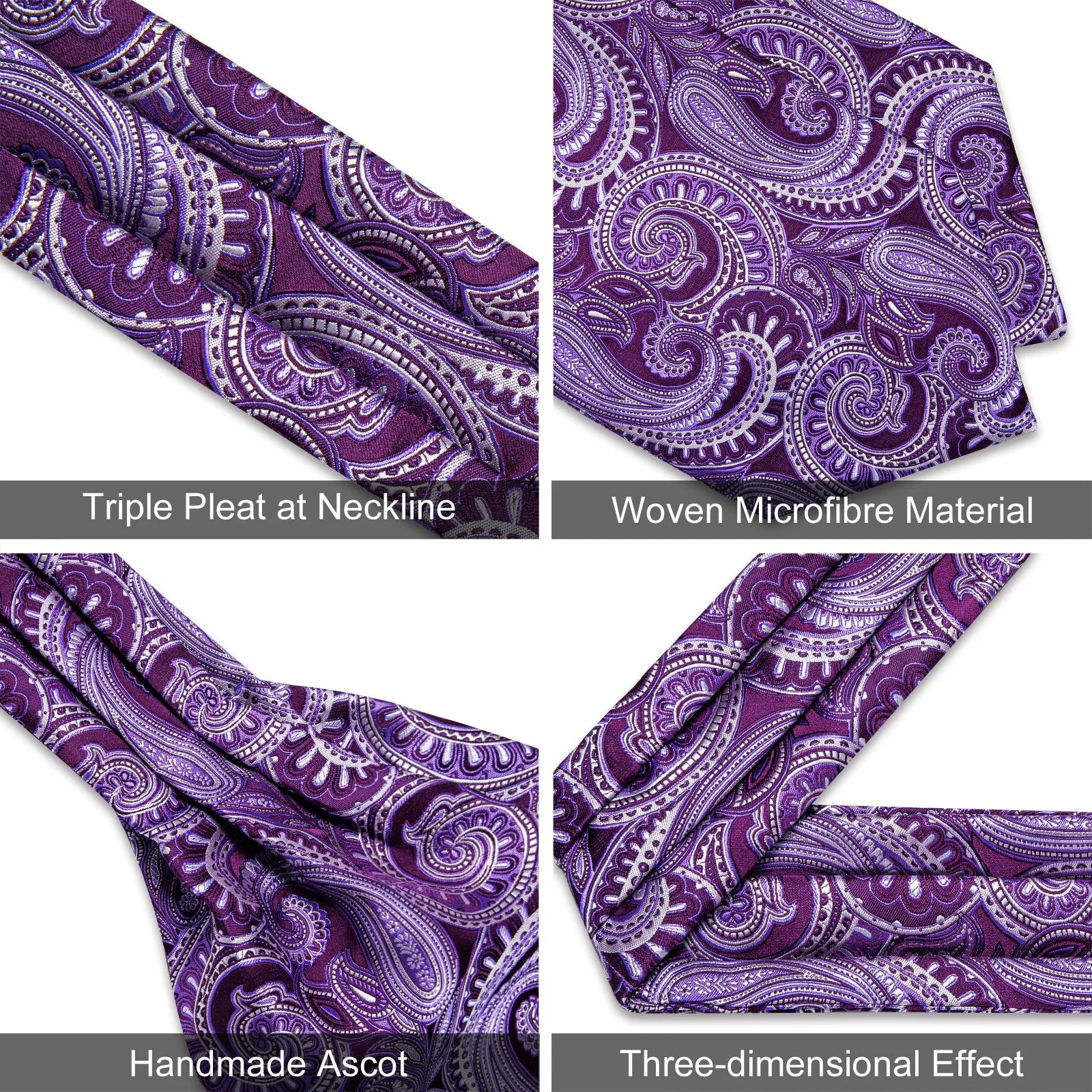 Purple Paisley Silk Ascot Pocket Square Cufflinks Set sold by Ties2You product image thumbnail 5