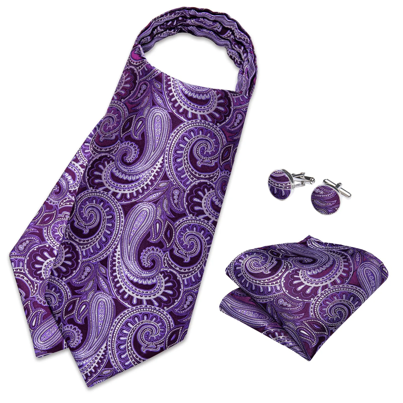Purple Paisley Silk Ascot Pocket Square Cufflinks Set sold by Ties2You product image thumbnail 2