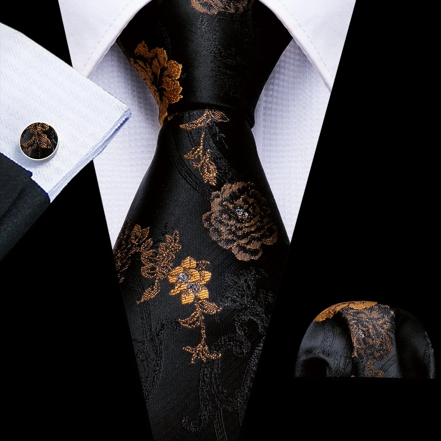 Black Golden Floral Men's Tie Pocket Square Cufflinks Set sold by Ties2You