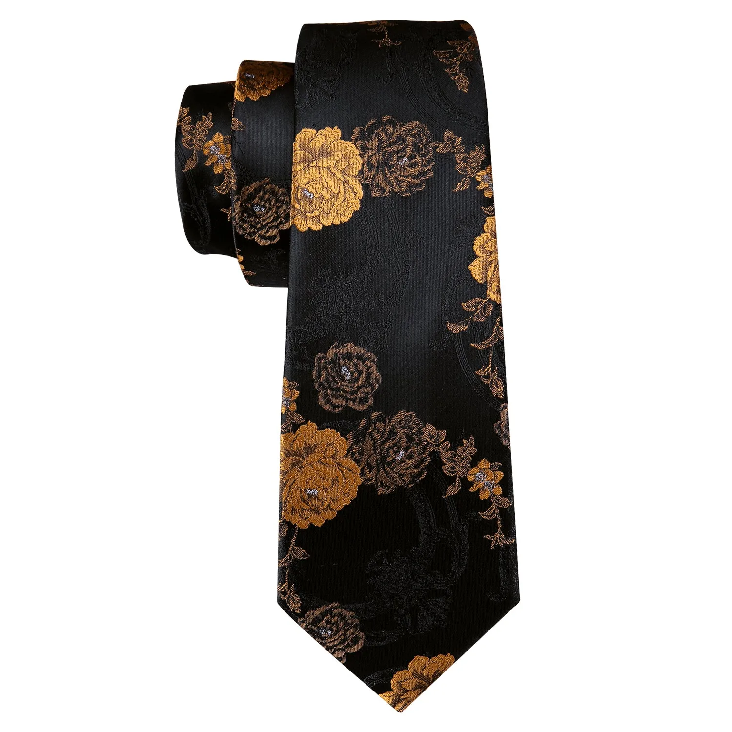Black Golden Floral Men's Tie Pocket Square Cufflinks Set sold by Ties2You product image thumbnail 3