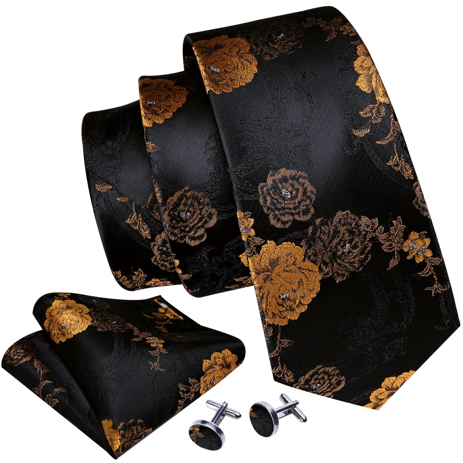 Black Golden Floral Men's Tie Pocket Square Cufflinks Set sold by Ties2You product image thumbnail 4