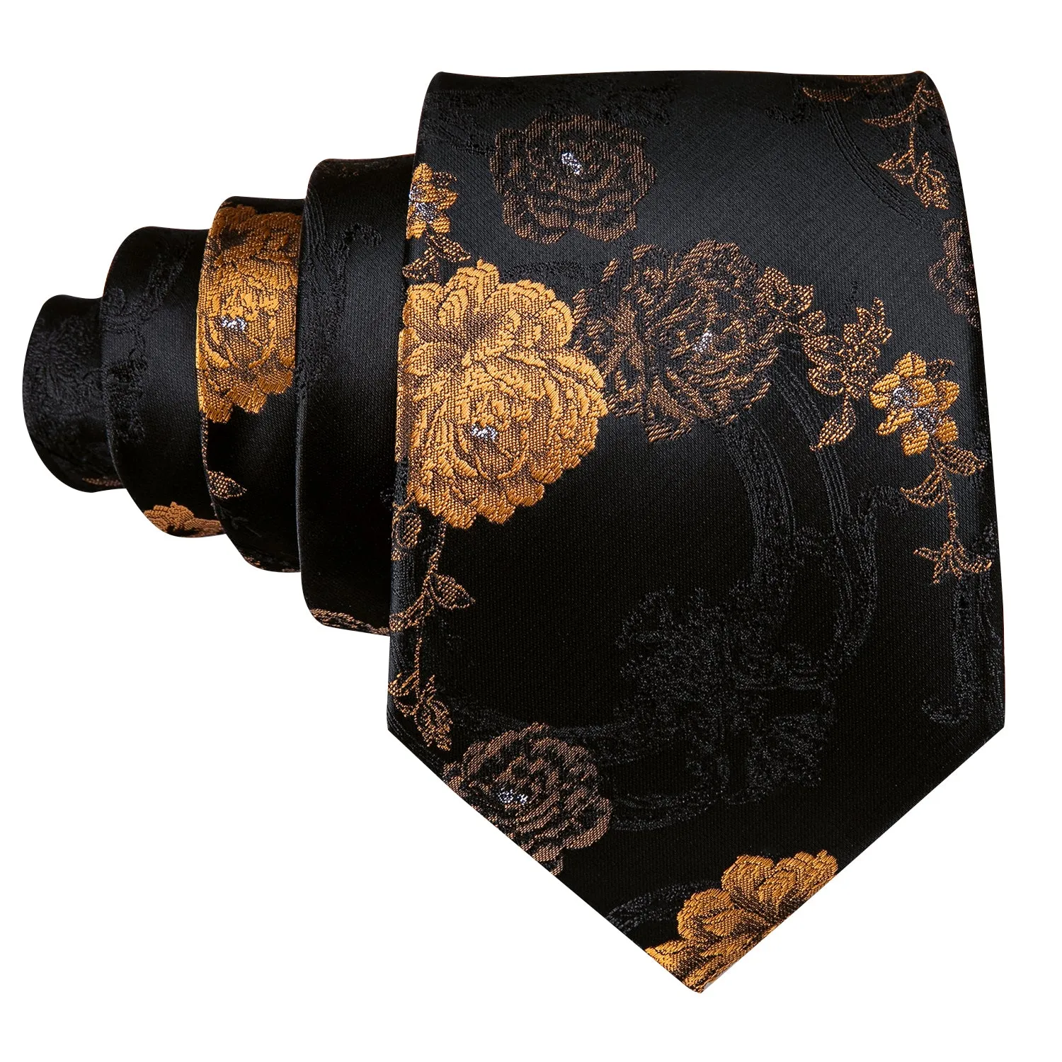 Black Golden Floral Men's Tie Pocket Square Cufflinks Set sold by Ties2You product image thumbnail 2