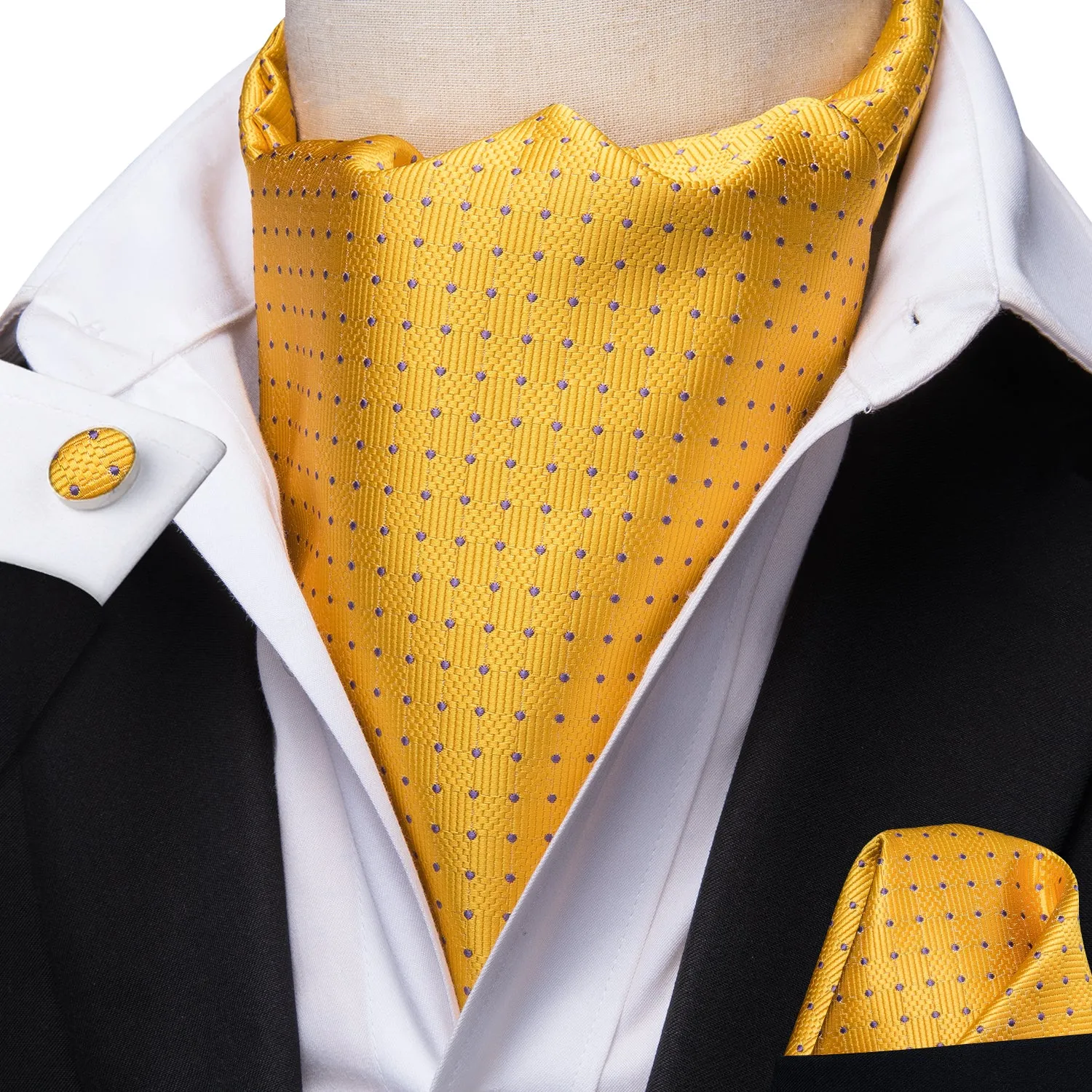 Light Yellow Polka Dot Silk Ascot Cravat Pocket Square Cufflinks Set sold by Ties2You