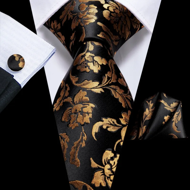 Ties2you Extra Long 70 Inch Necktie Black Gold Floral Silk Tie Handkercheif Cufflinks Set sold by Ties2You