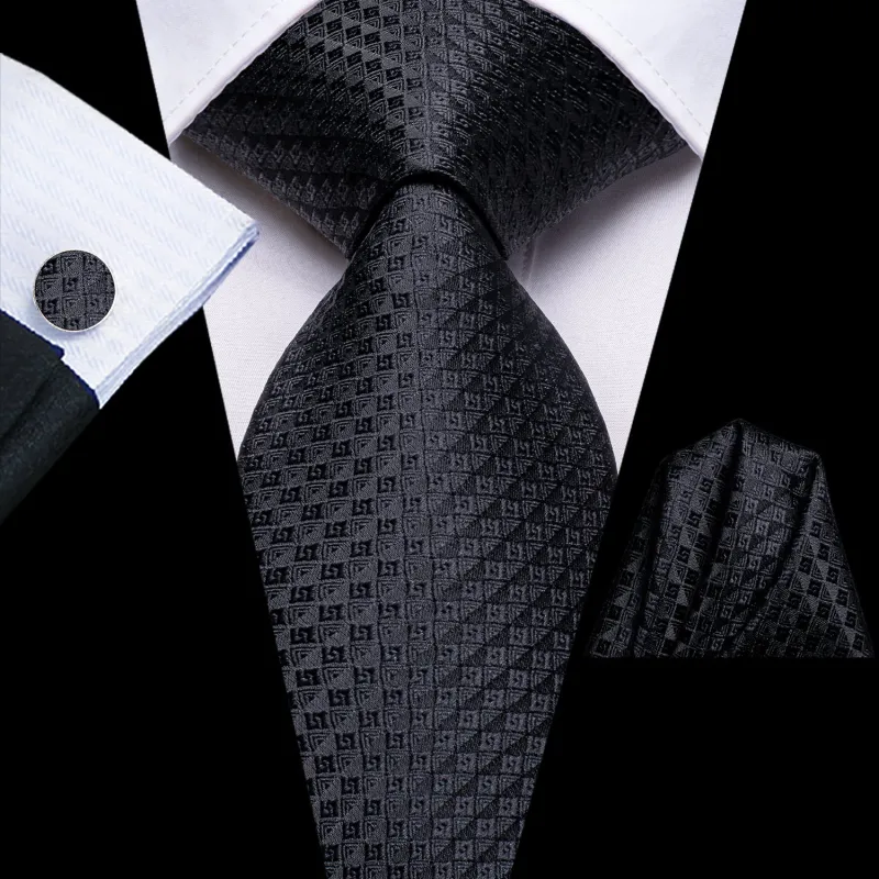 Pure Black Plaid Silk Men's Necktie Pocket Square Cufflinks Set sold by Ties2You