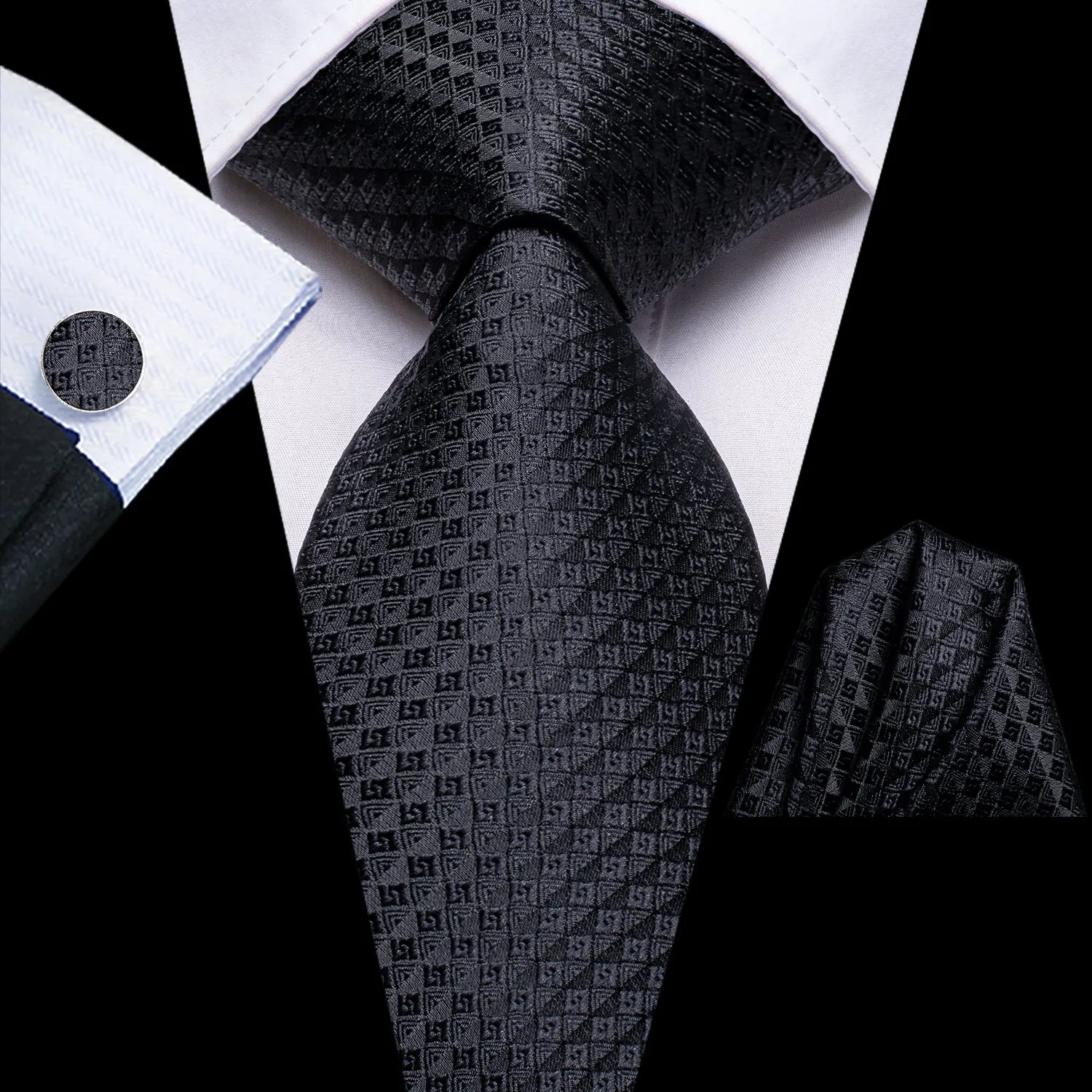 Pure Black Plaid Silk Men's Necktie Pocket Square Cufflinks Set sold by Ties2You