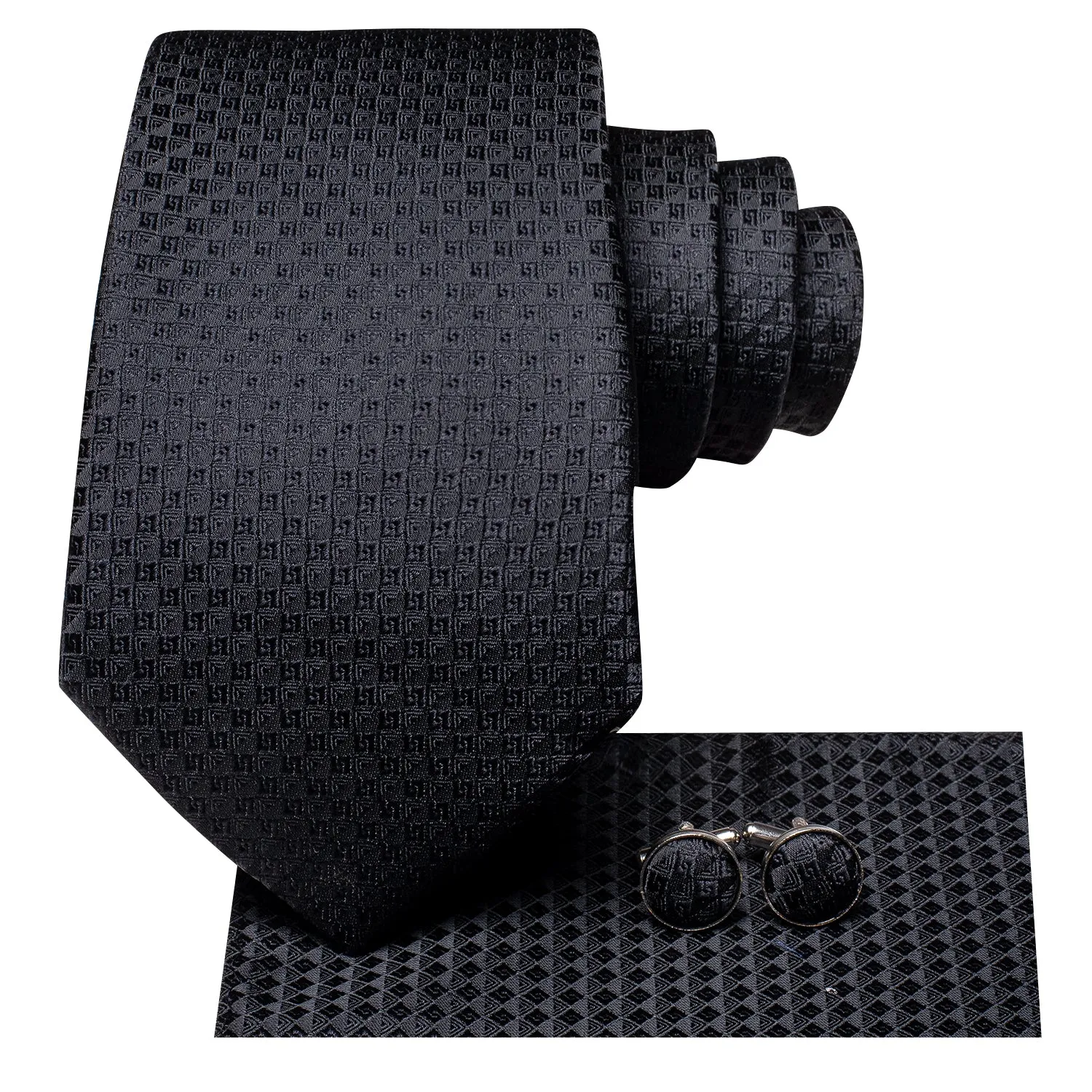 Pure Black Plaid Silk Men's Necktie Pocket Square Cufflinks Set sold by Ties2You product image thumbnail 3