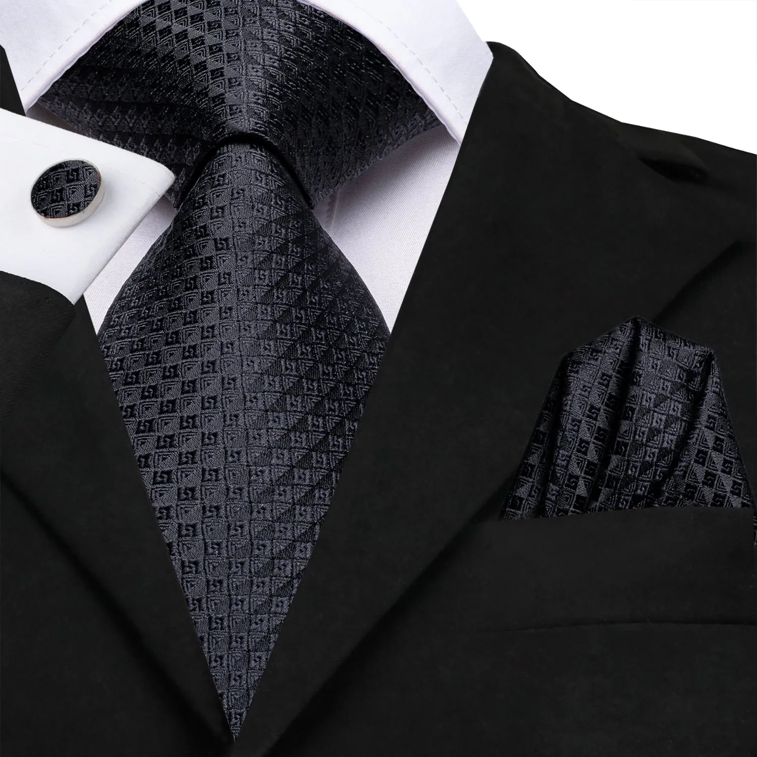 Pure Black Plaid Silk Men's Necktie Pocket Square Cufflinks Set sold by Ties2You product image thumbnail 2