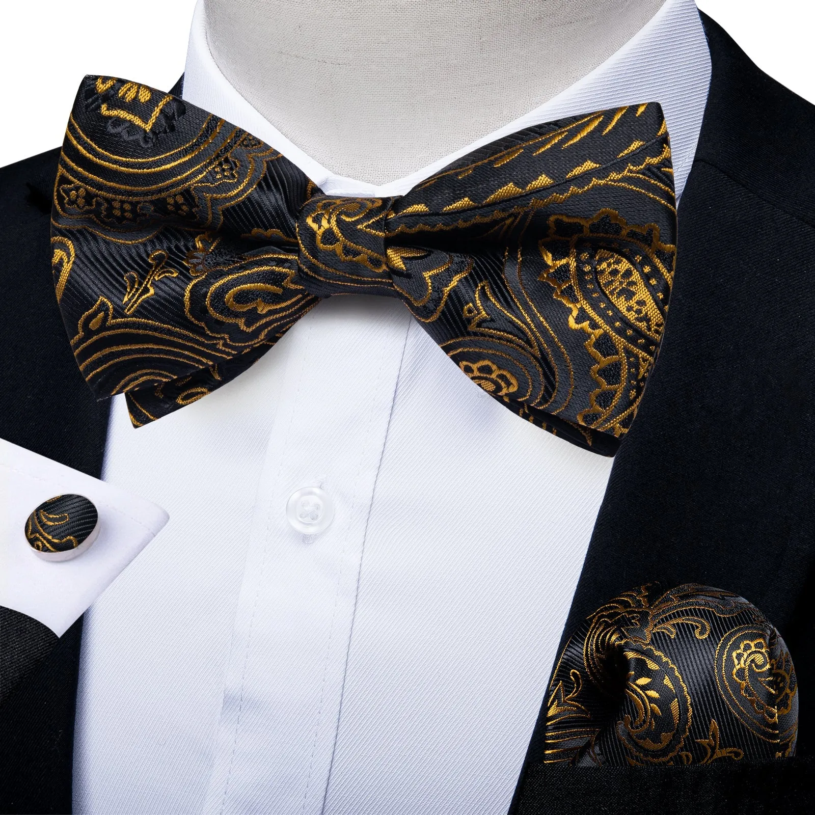 Black Golden Paisley Pre-tied Silk Bow Tie Pocket Square Cufflinks Set with Lapel Pin sold by Ties2You product image thumbnail 2