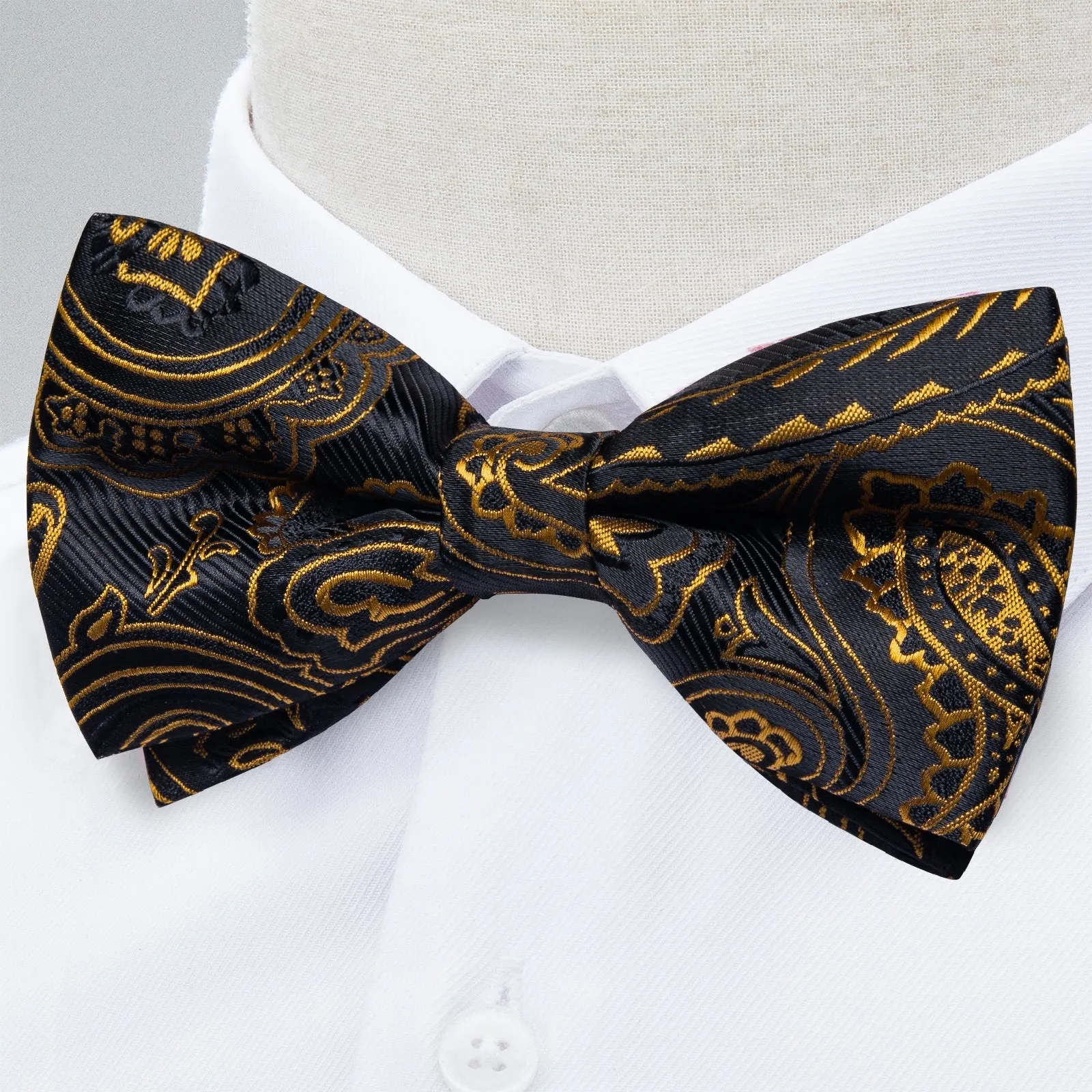 Black Golden Paisley Pre-tied Silk Bow Tie Pocket Square Cufflinks Set with Lapel Pin sold by Ties2You product image thumbnail 3