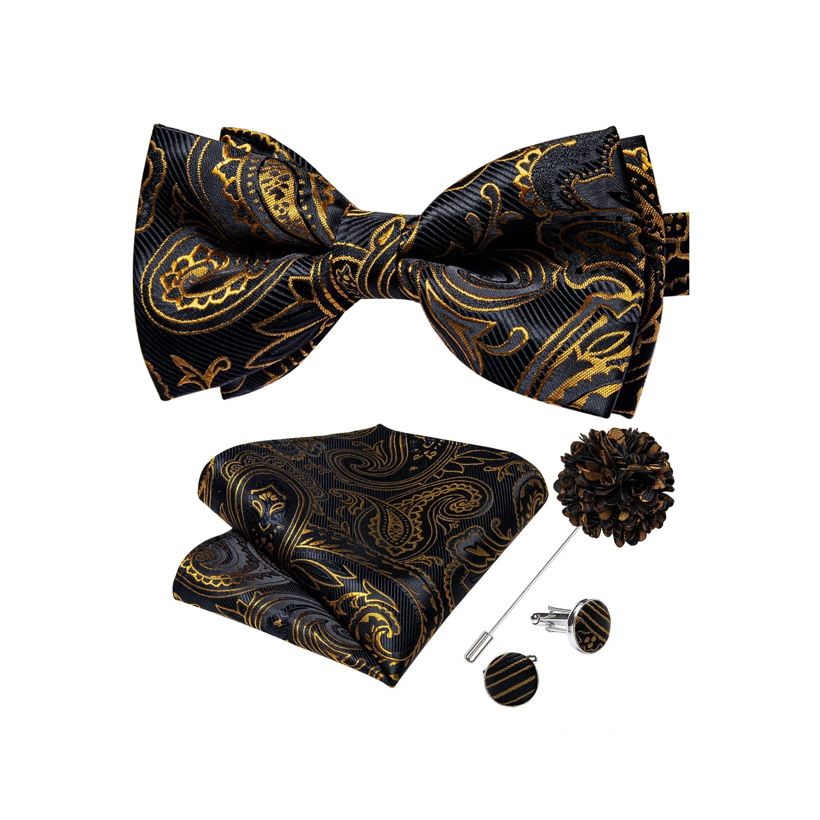 Black Golden Paisley Pre-tied Silk Bow Tie Pocket Square Cufflinks Set with Lapel Pin sold by Ties2You