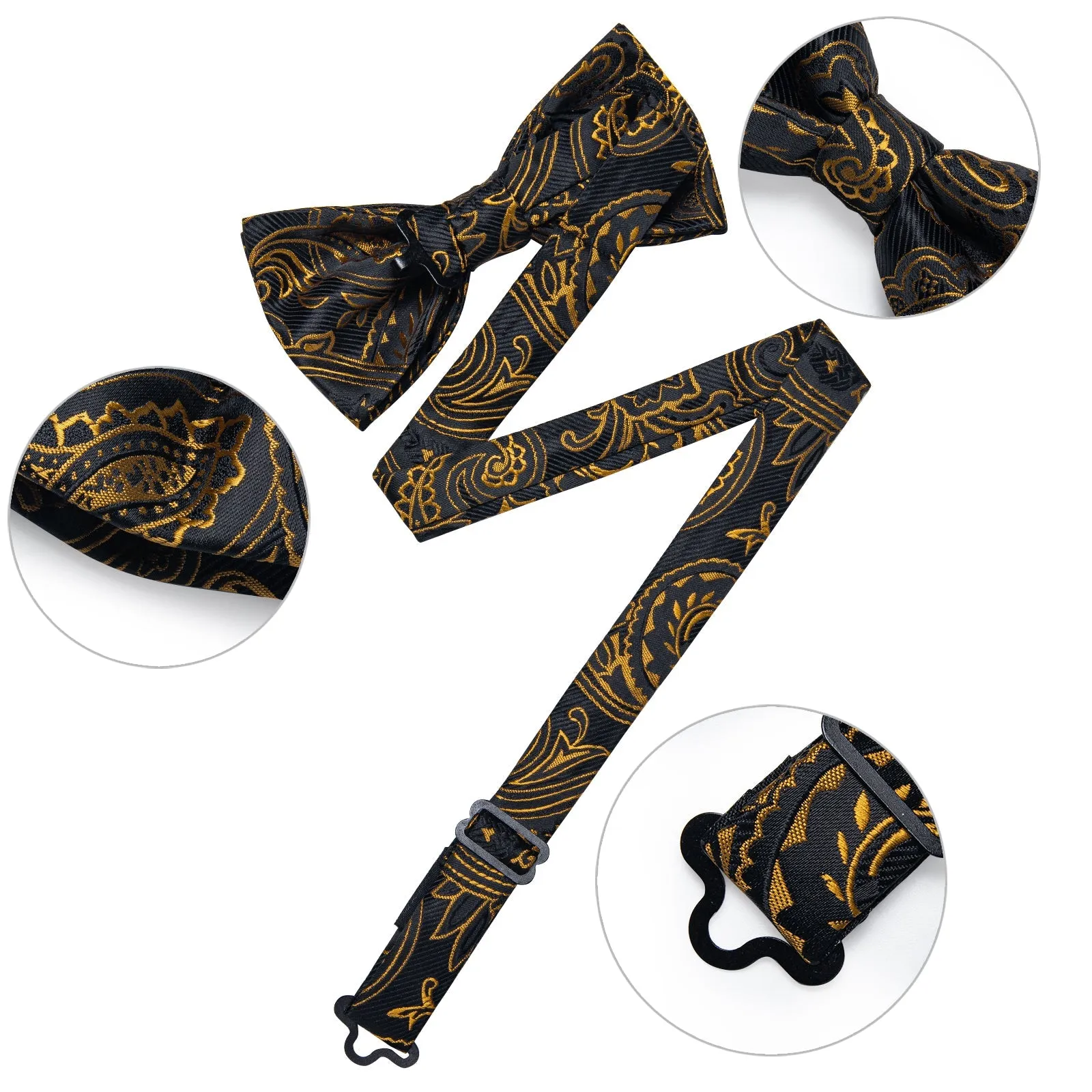 Black Golden Paisley Pre-tied Silk Bow Tie Pocket Square Cufflinks Set with Lapel Pin sold by Ties2You product image thumbnail 4