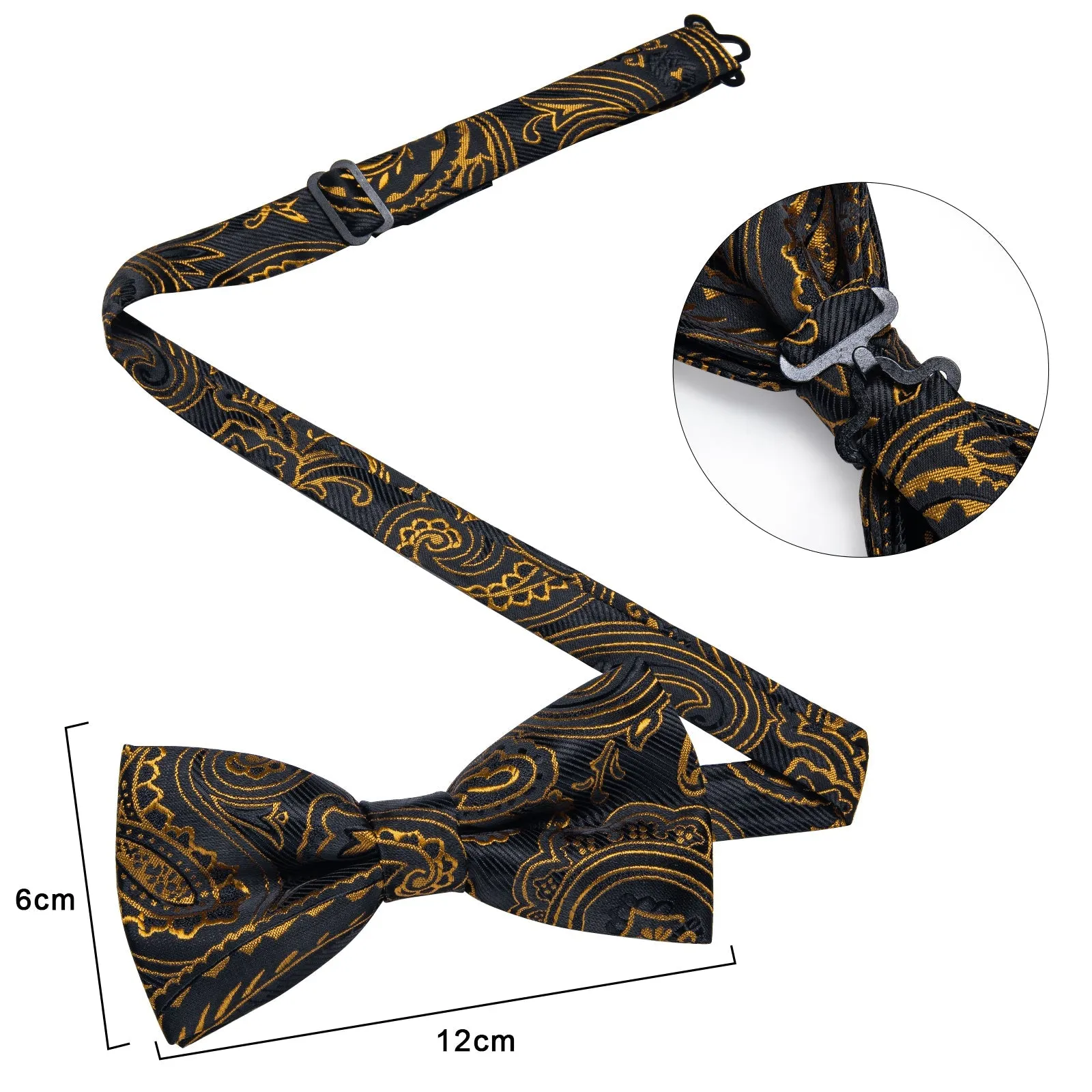 Black Golden Paisley Pre-tied Silk Bow Tie Pocket Square Cufflinks Set with Lapel Pin sold by Ties2You product image thumbnail 5