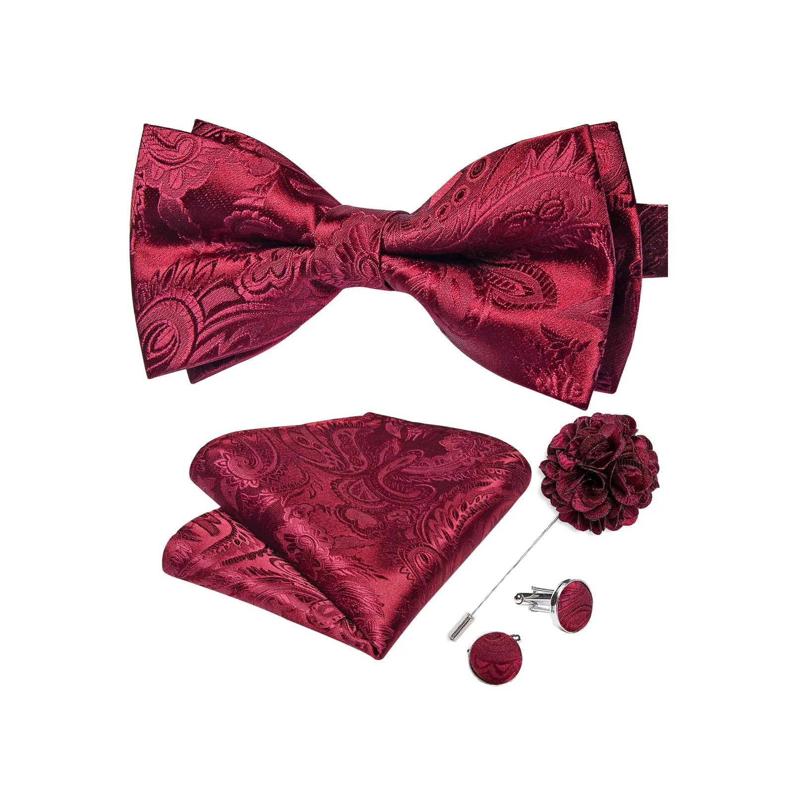 Red Floral Silk Pre-tied Bow Tie Hanky Cufflinks Set with Lapel Pin sold by Ties2You product image thumbnail 2