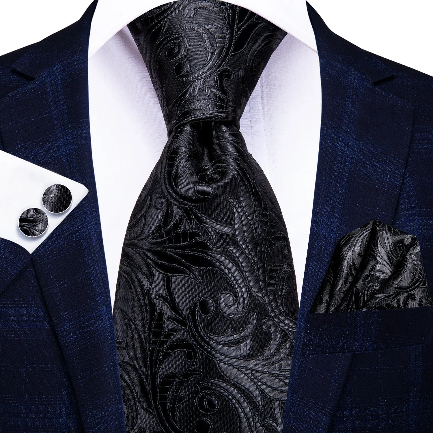 Ties2you Extra Long Necktie 63 Inches Black Floral Tie Pocket Square Cufflinks Set sold by Ties2You product image thumbnail 2