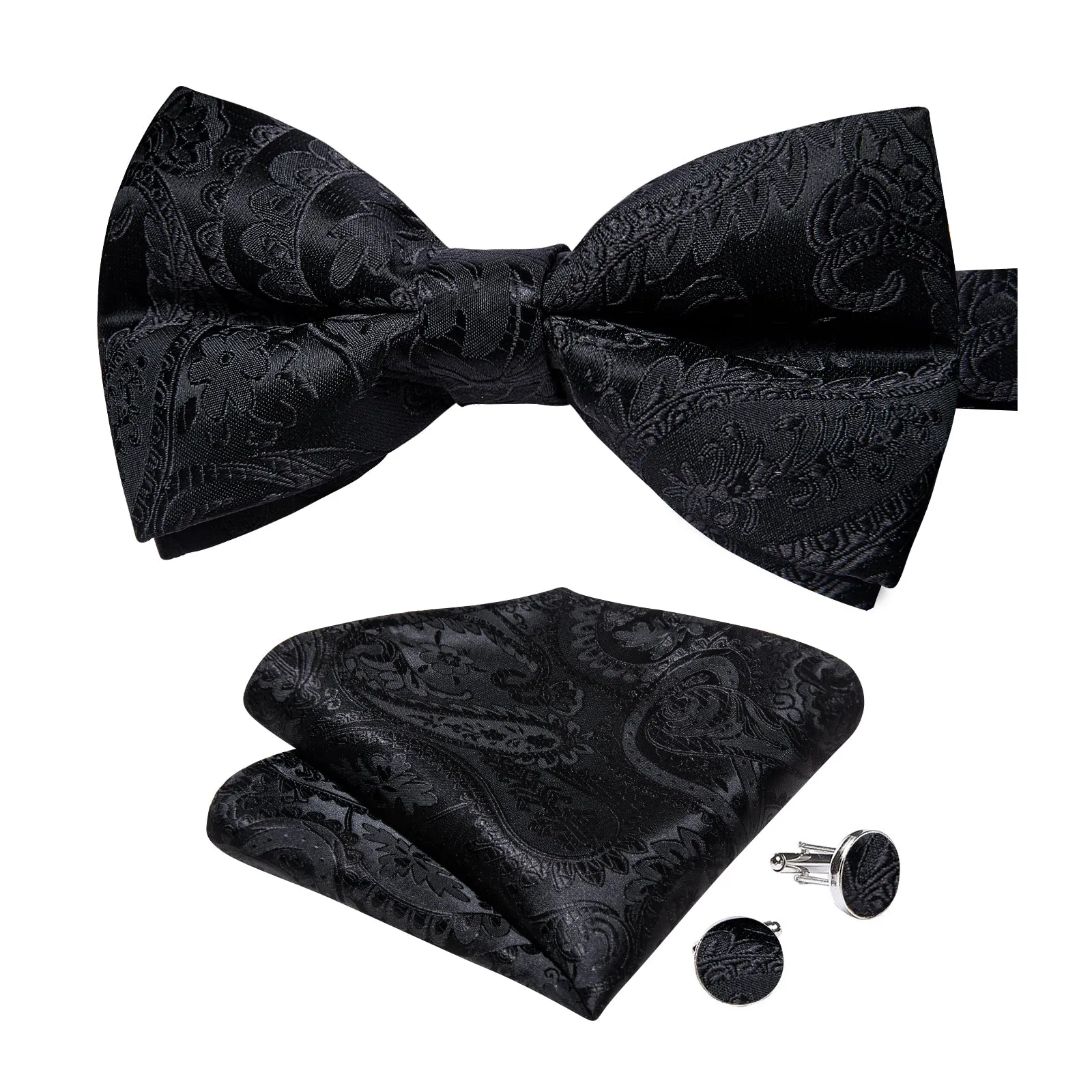 Black Paisley Men's Pre-tied Bowtie Pocket Square Cufflinks Set sold by Ties2You product image thumbnail 2