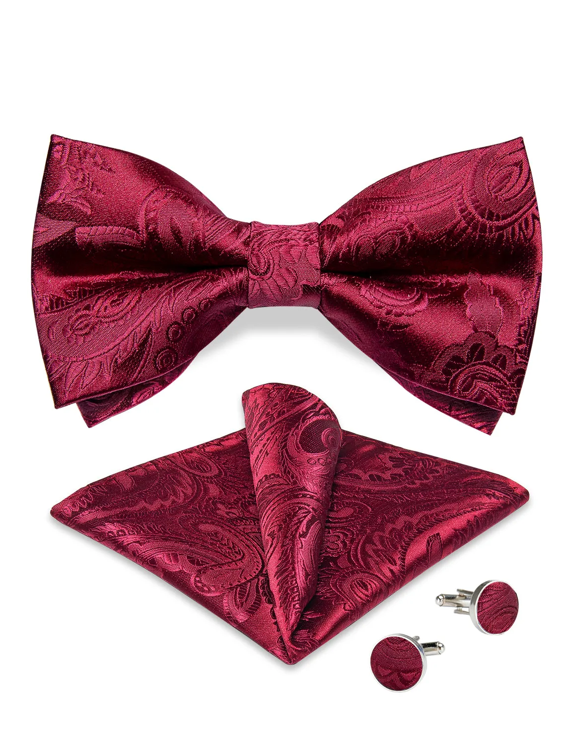 Red Floral Silk Pre-tied Bow Tie Hanky Cufflinks Set sold by Ties2You product image thumbnail 3