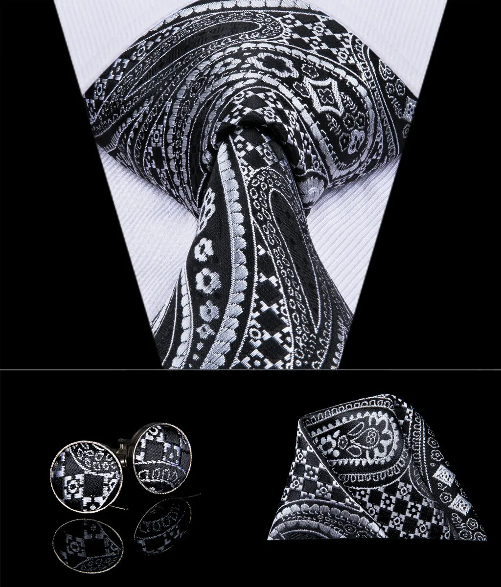 Black White Paisley Silk Men's Tie Handkerchief Cufflinks Set sold by Ties2You product image thumbnail 2