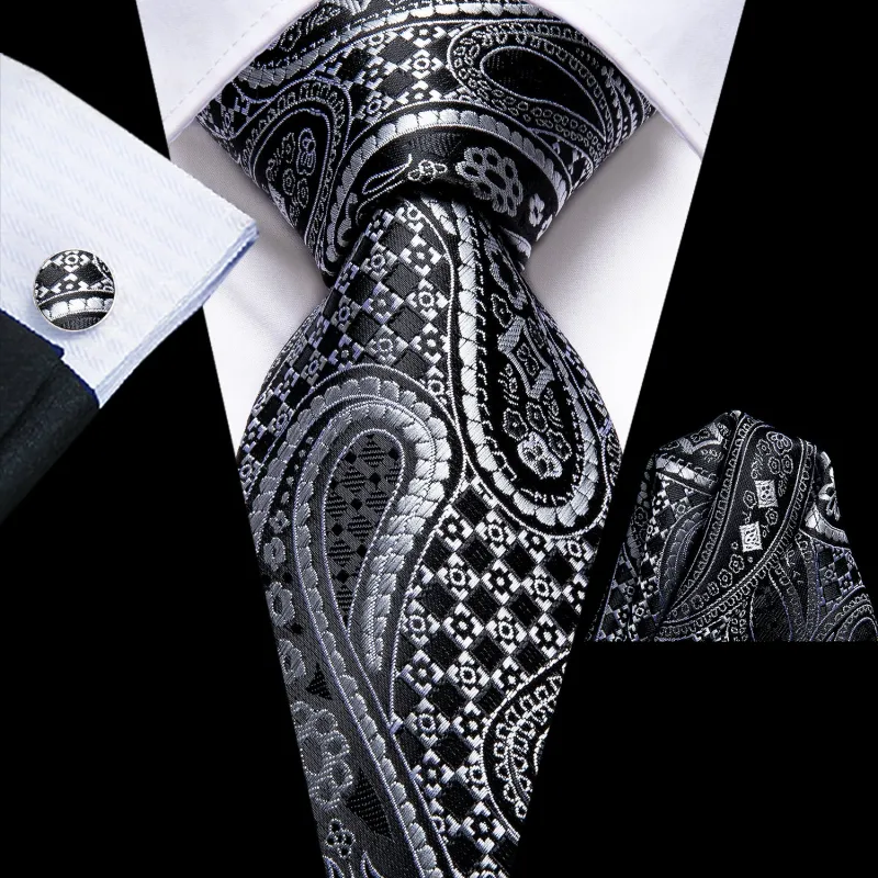 Black White Paisley Silk Men's Tie Handkerchief Cufflinks Set sold by Ties2You