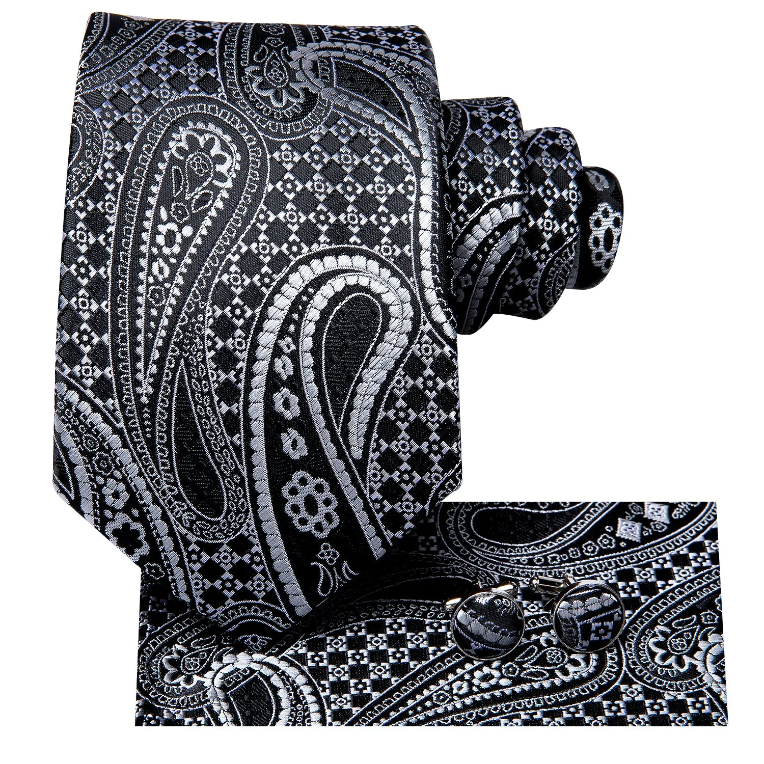 Black White Paisley Silk Men's Tie Handkerchief Cufflinks Set sold by Ties2You product image thumbnail 4