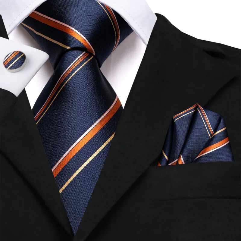 Ties2you Navy Blue Necktie Formal Striped Business Silk Tie Hanky Cufflinks Set sold by Ties2You