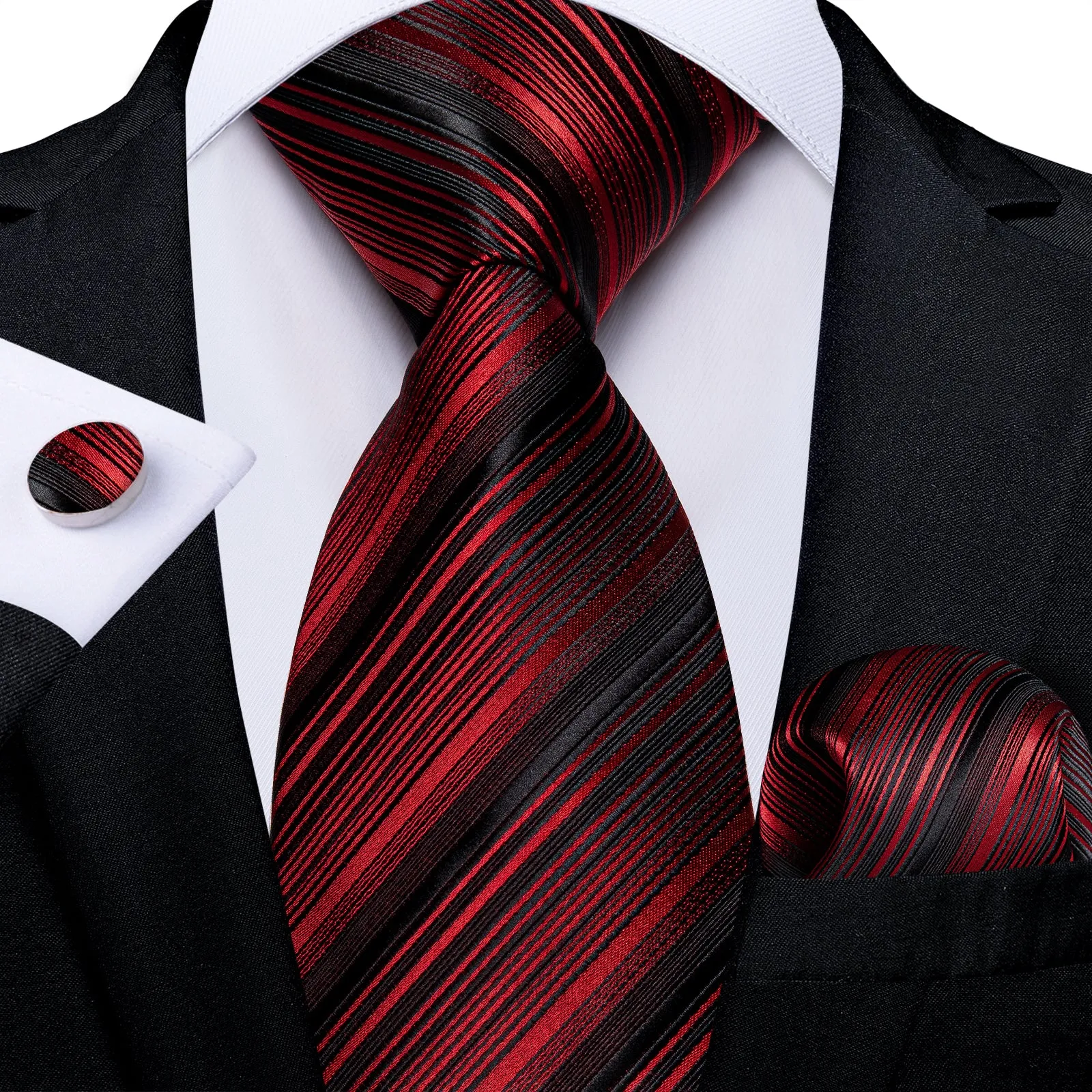 Black Red Striped Necktie Pocket Square Cufflinks Set sold by Ties2You