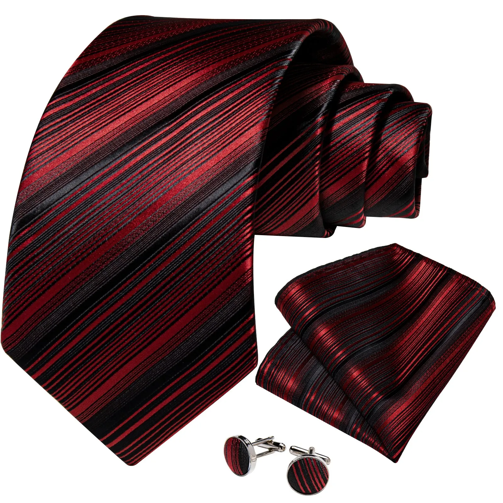 Black Red Striped Necktie Pocket Square Cufflinks Set sold by Ties2You product image thumbnail 2