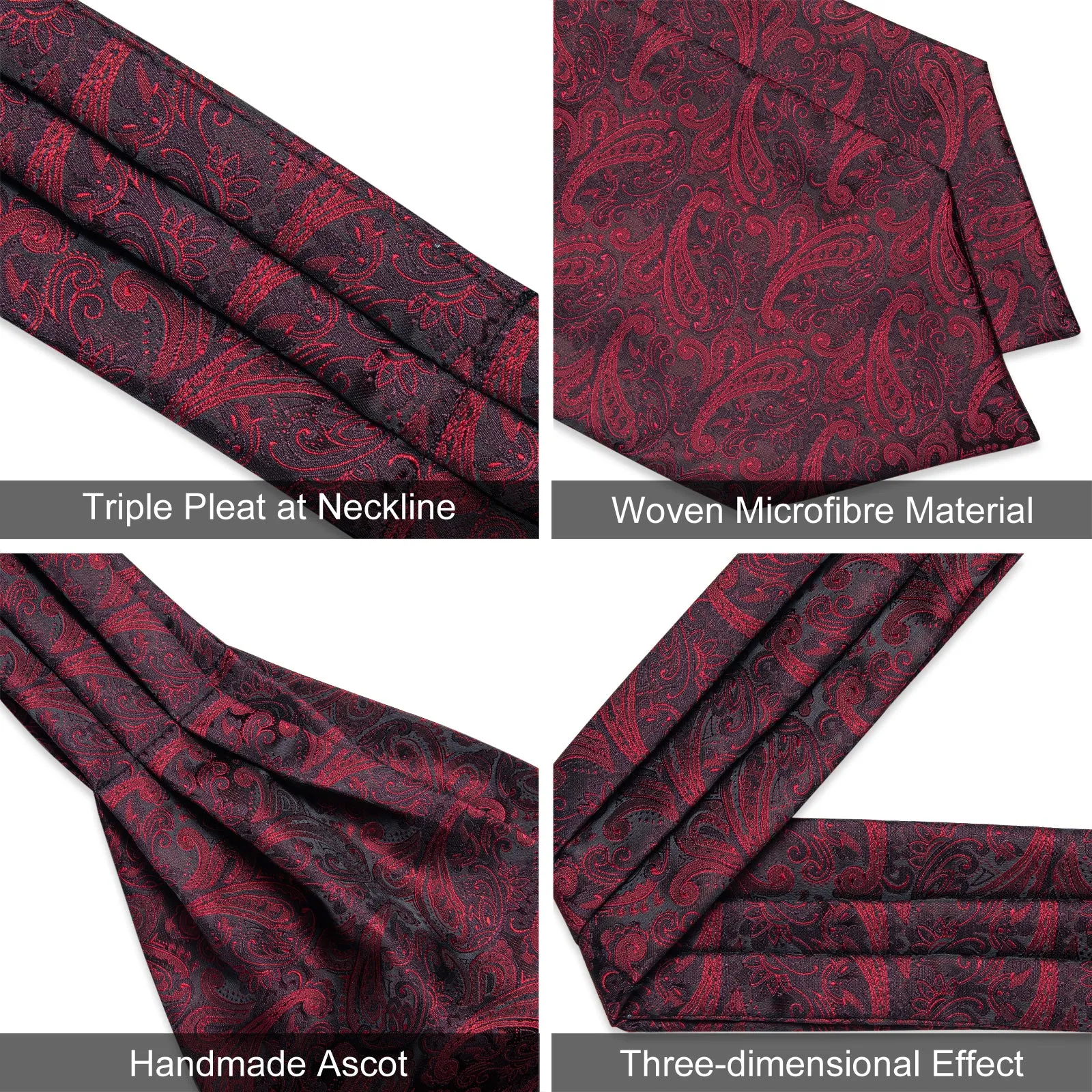 Black Red Texture Paisley Silk Ascot Cravat Tie Pocket Square Cufflinks Set sold by Ties2You product image thumbnail 4
