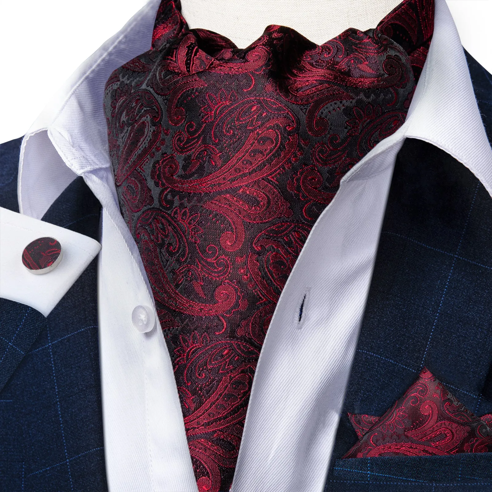 Black Red Texture Paisley Silk Ascot Cravat Tie Pocket Square Cufflinks Set sold by Ties2You product image thumbnail 2