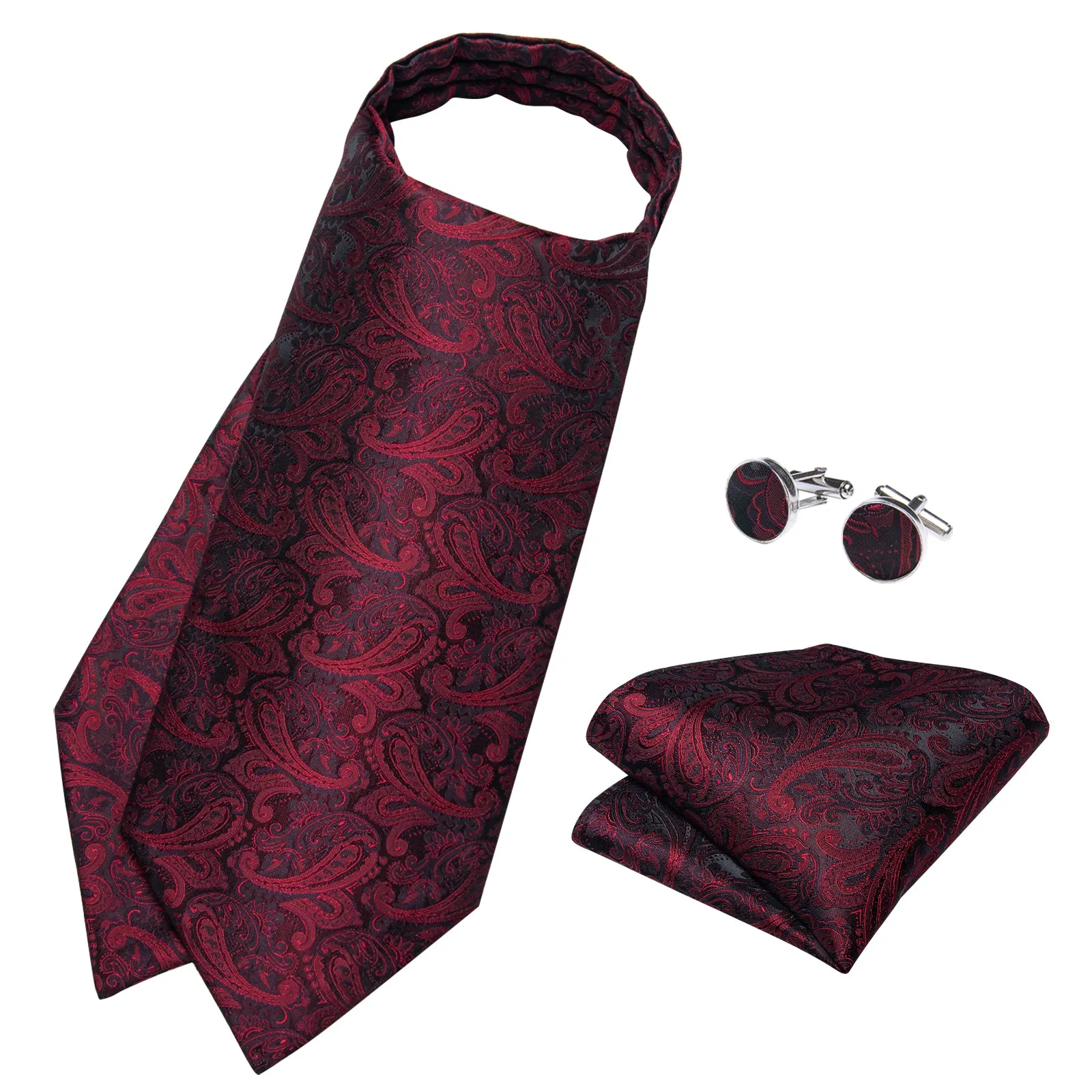 Black Red Texture Paisley Silk Ascot Cravat Tie Pocket Square Cufflinks Set sold by Ties2You product image thumbnail 3