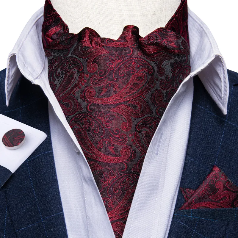 Black Red Texture Paisley Silk Ascot Cravat Tie Pocket Square Cufflinks Set made by Ties2You