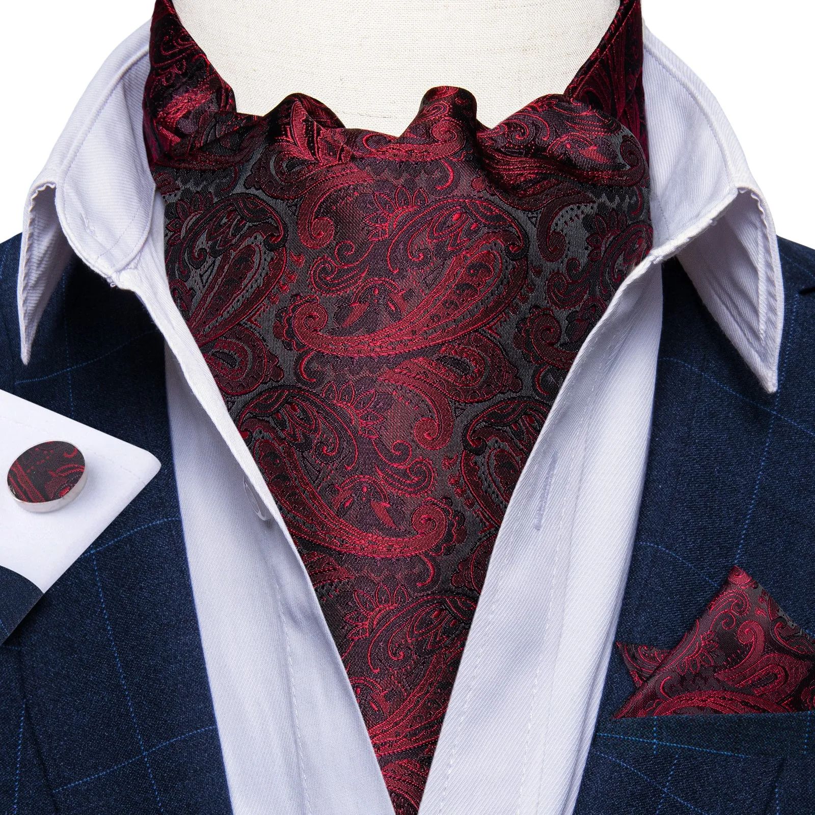 Black Red Texture Paisley Silk Ascot Cravat Tie Pocket Square Cufflinks Set sold by Ties2You