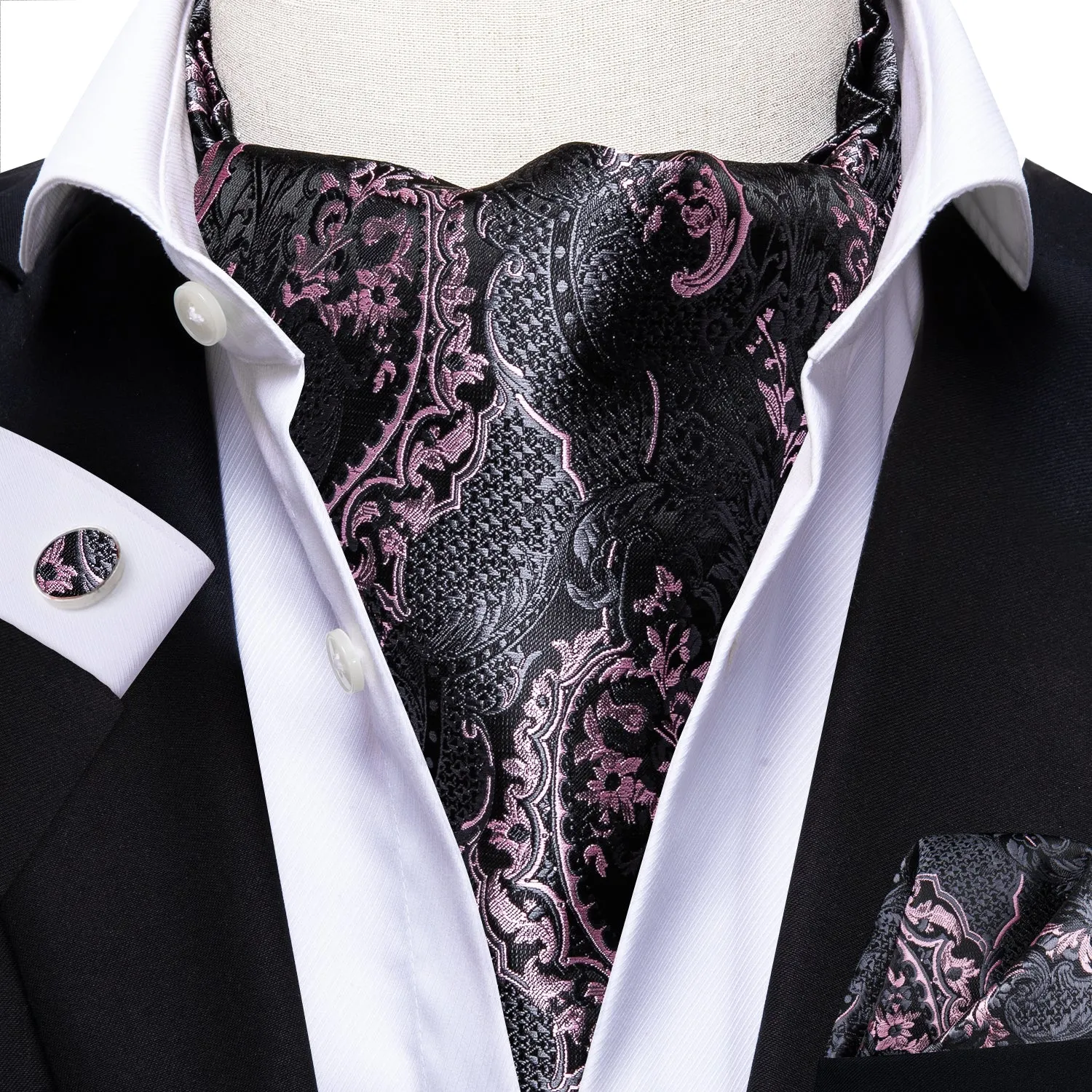 Black Pink Paisley Silk Ascot Cravat Pocket Square Cufflinks Set sold by Ties2You product image thumbnail 3