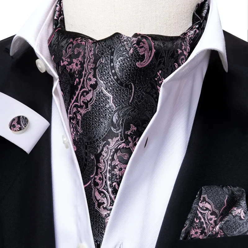 Black Pink Paisley Silk Ascot Cravat Pocket Square Cufflinks Set sold by Ties2You