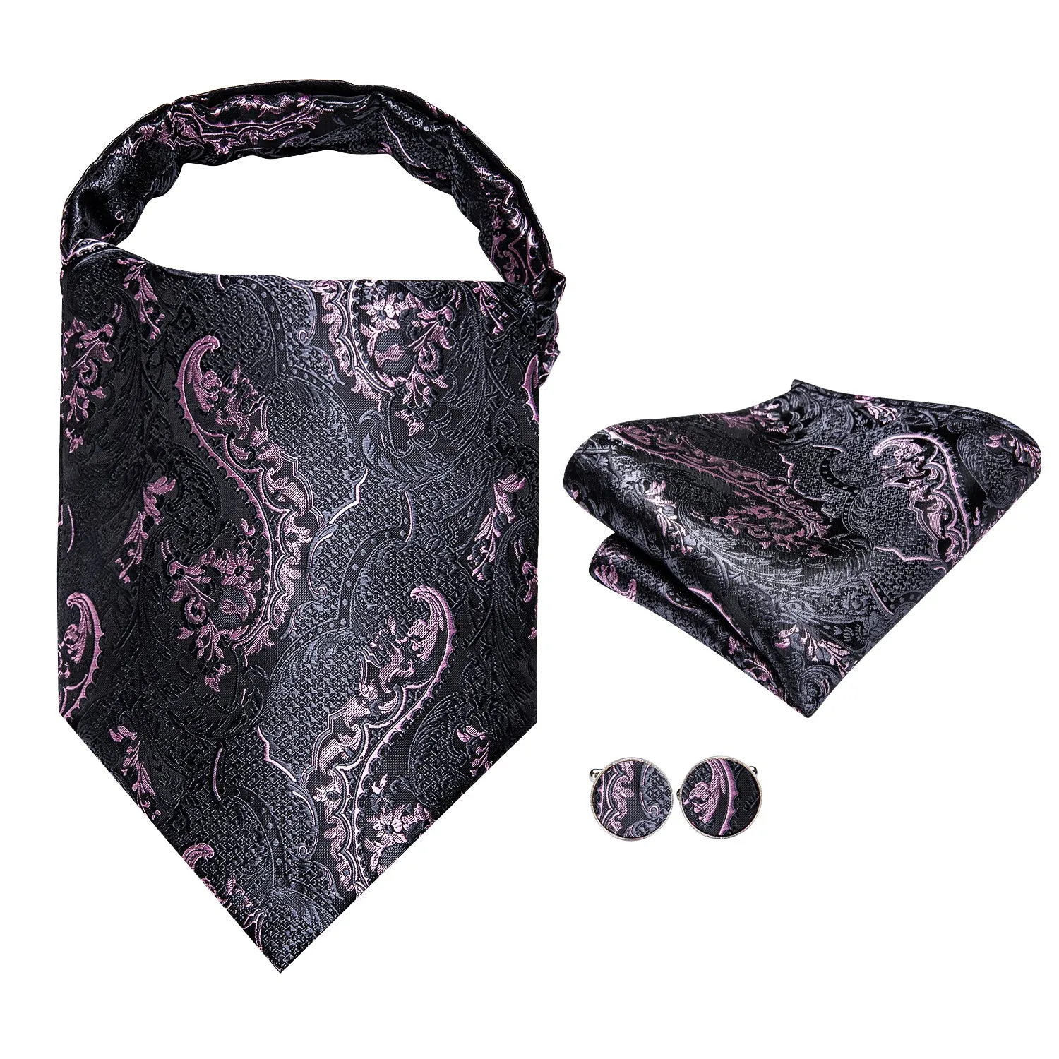 Black Pink Paisley Silk Ascot Cravat Pocket Square Cufflinks Set sold by Ties2You product image thumbnail 2