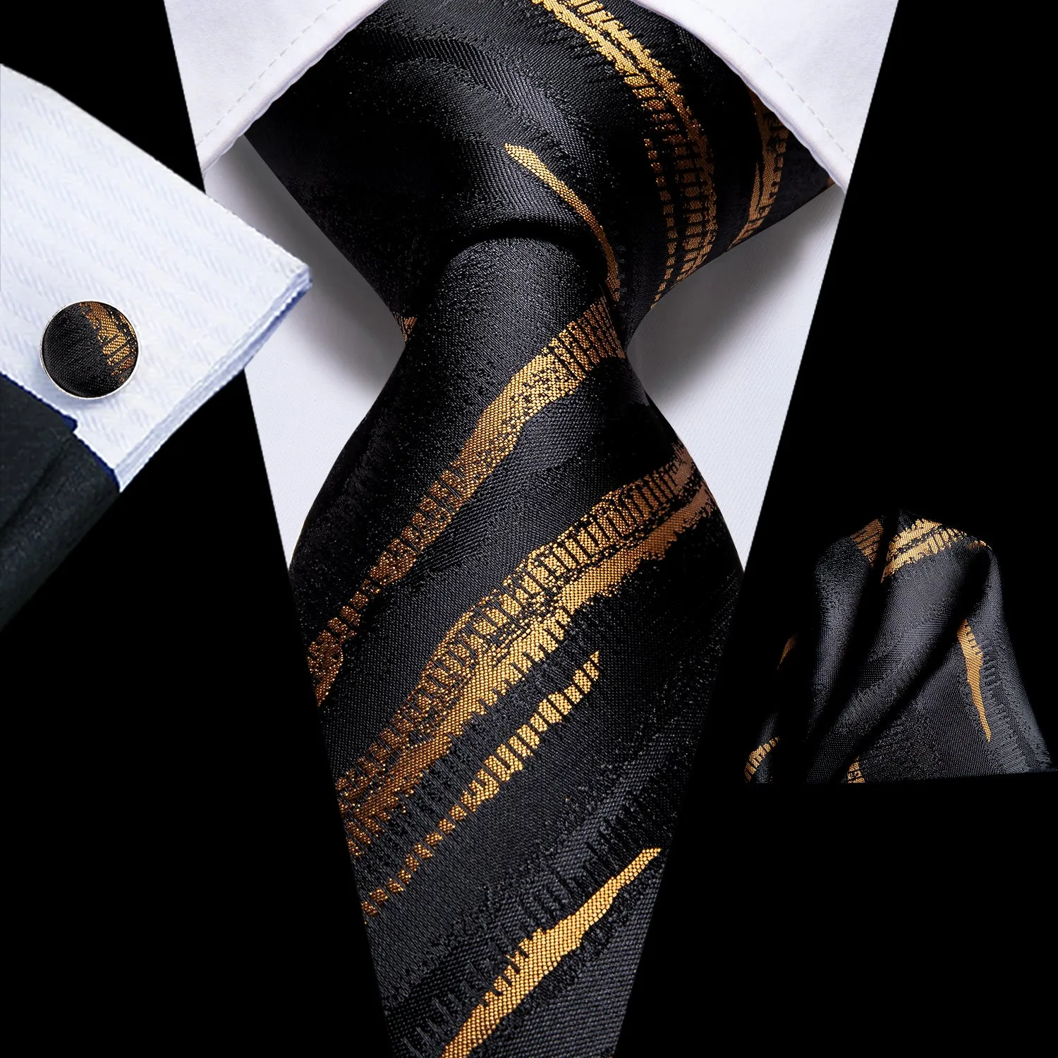Ties2you Black Suit Tie Gold Striped Formal Necktie Hanky Cufflinks Set sold by Ties2You