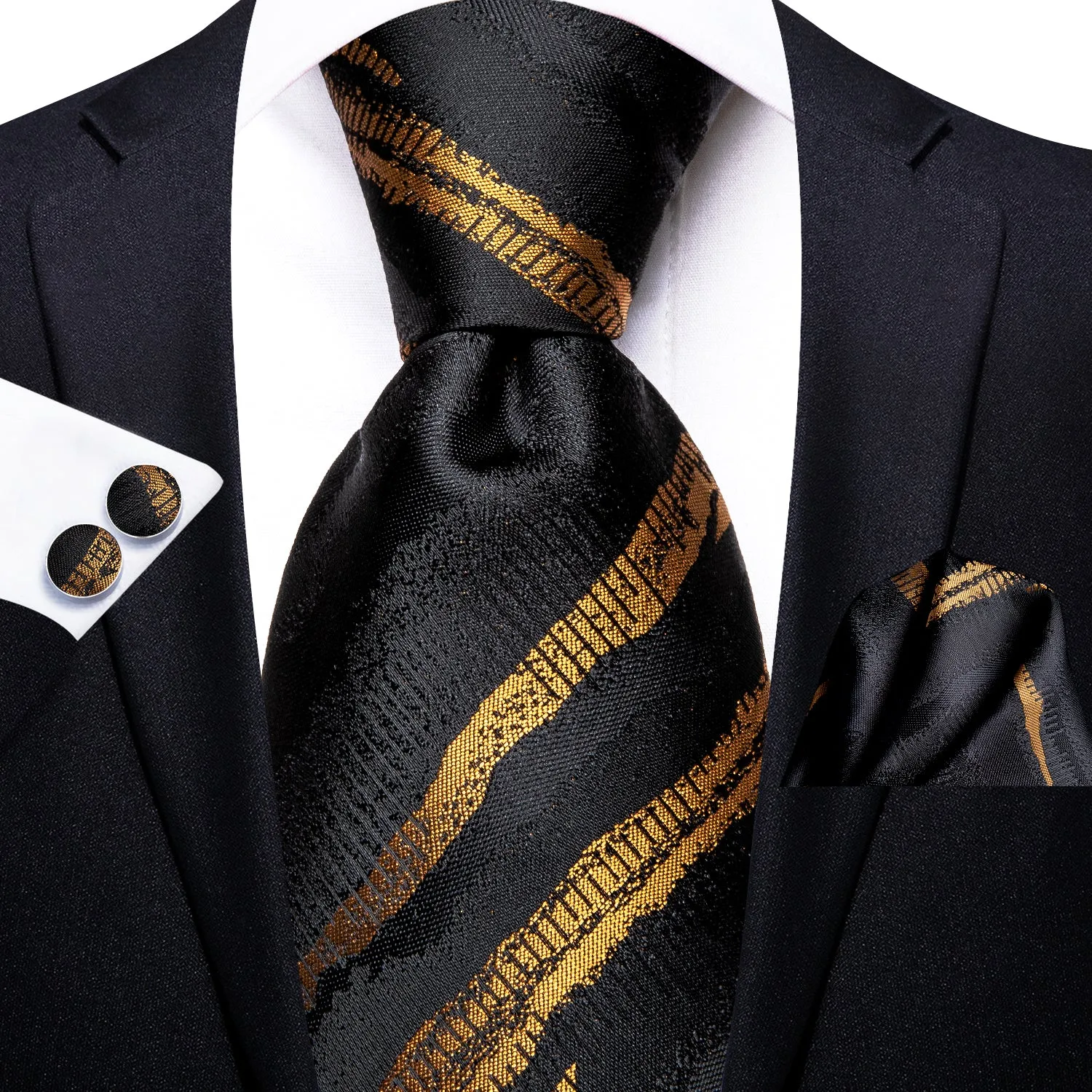 Ties2you Black Suit Tie Gold Striped Formal Necktie Hanky Cufflinks Set sold by Ties2You product image thumbnail 2
