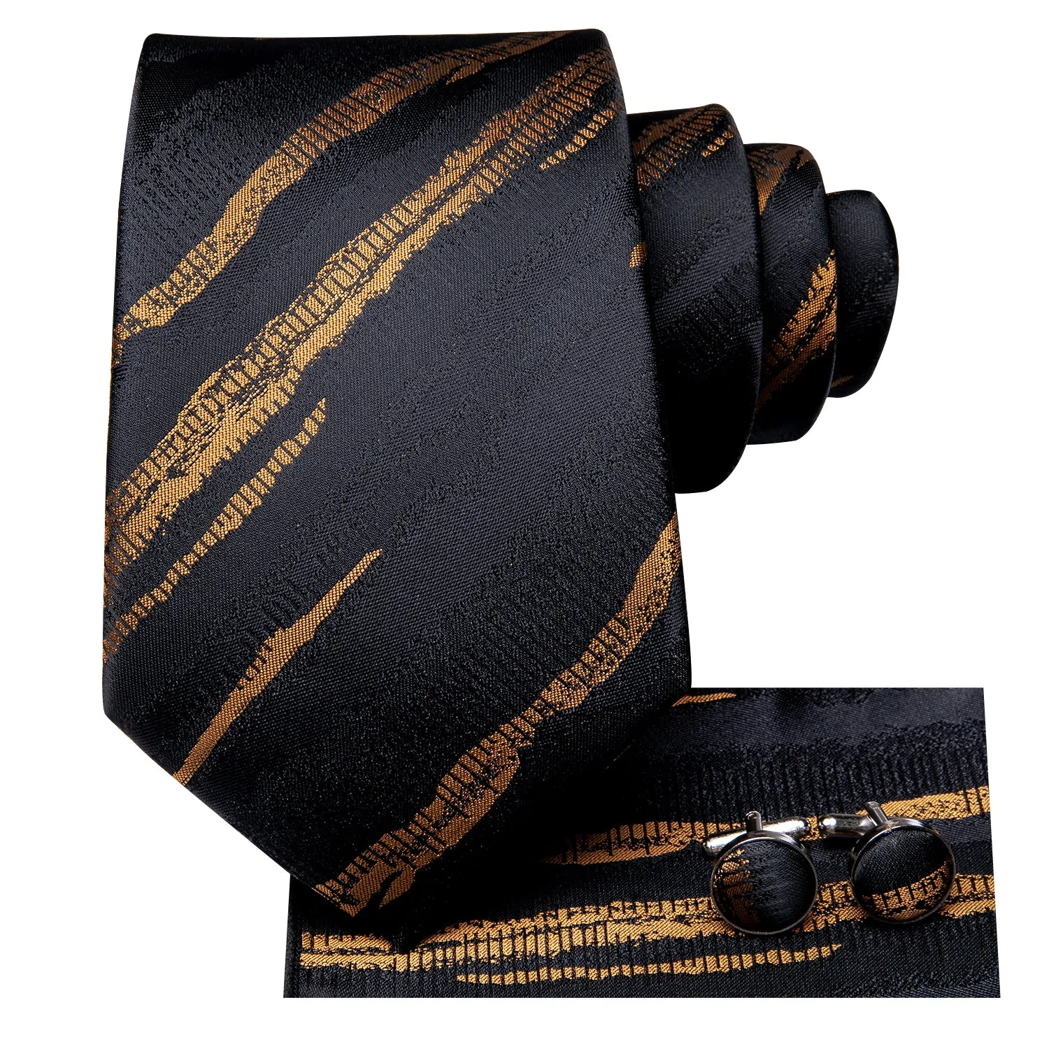Ties2you Black Suit Tie Gold Striped Formal Necktie Hanky Cufflinks Set sold by Ties2You product image thumbnail 3