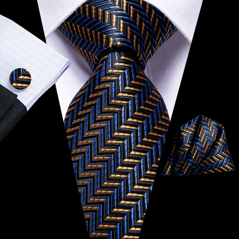 Black Blue Golden Striped Necktie Pocket Square Cufflinks Set sold by Ties2You