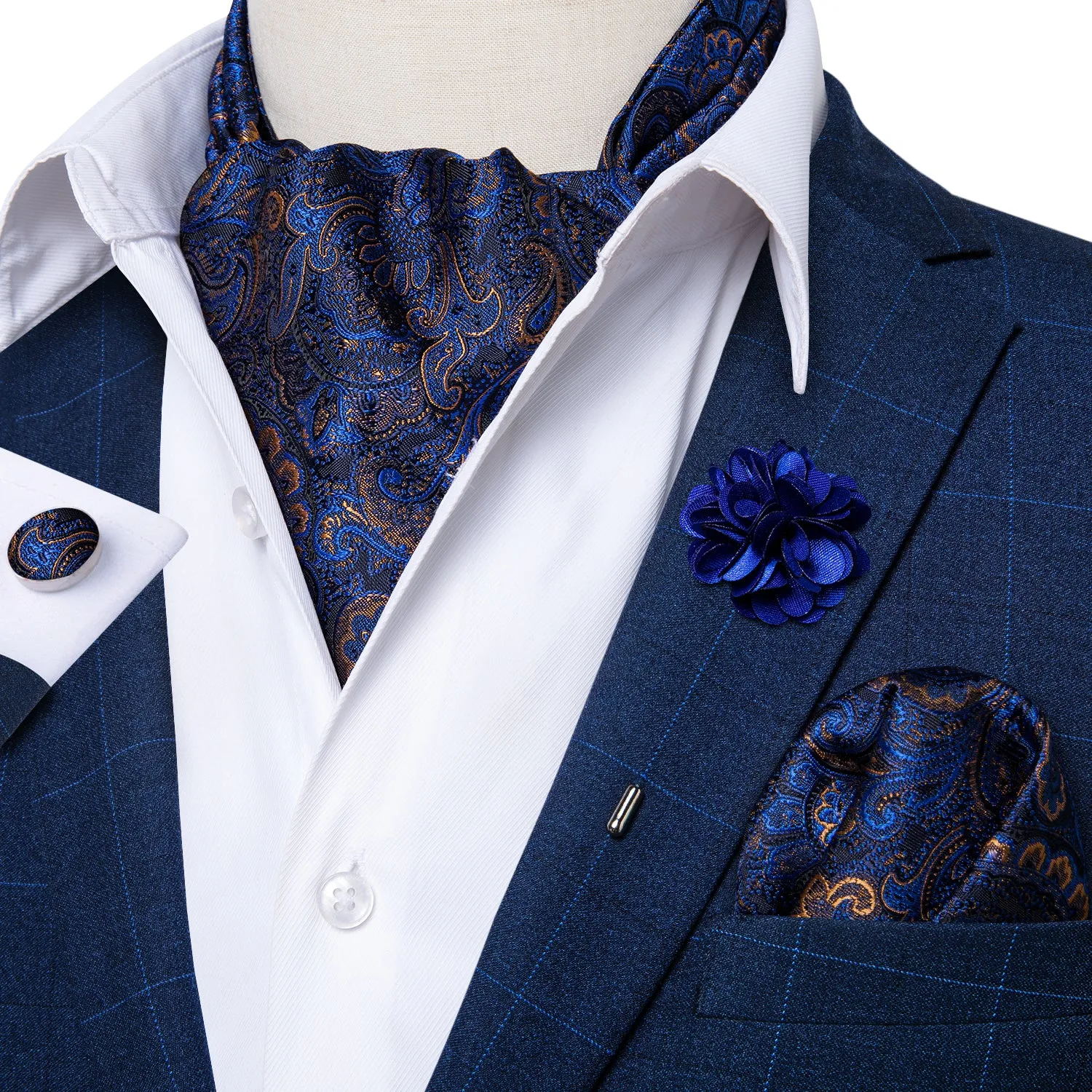 Deep Blue Paisley Ascot Cravat Pocket Square Cufflinks Set With Lapel Pin sold by Ties2You product image thumbnail 3