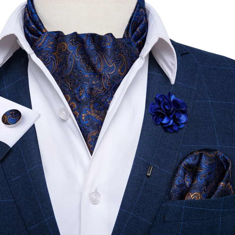 Deep Blue Paisley Ascot Cravat Pocket Square Cufflinks Set With Lapel Pin sold by Ties2You