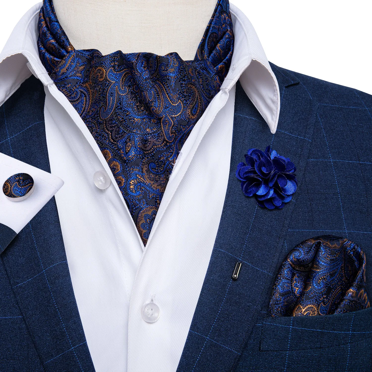 Deep Blue Paisley Ascot Cravat Pocket Square Cufflinks Set With Lapel Pin sold by Ties2You