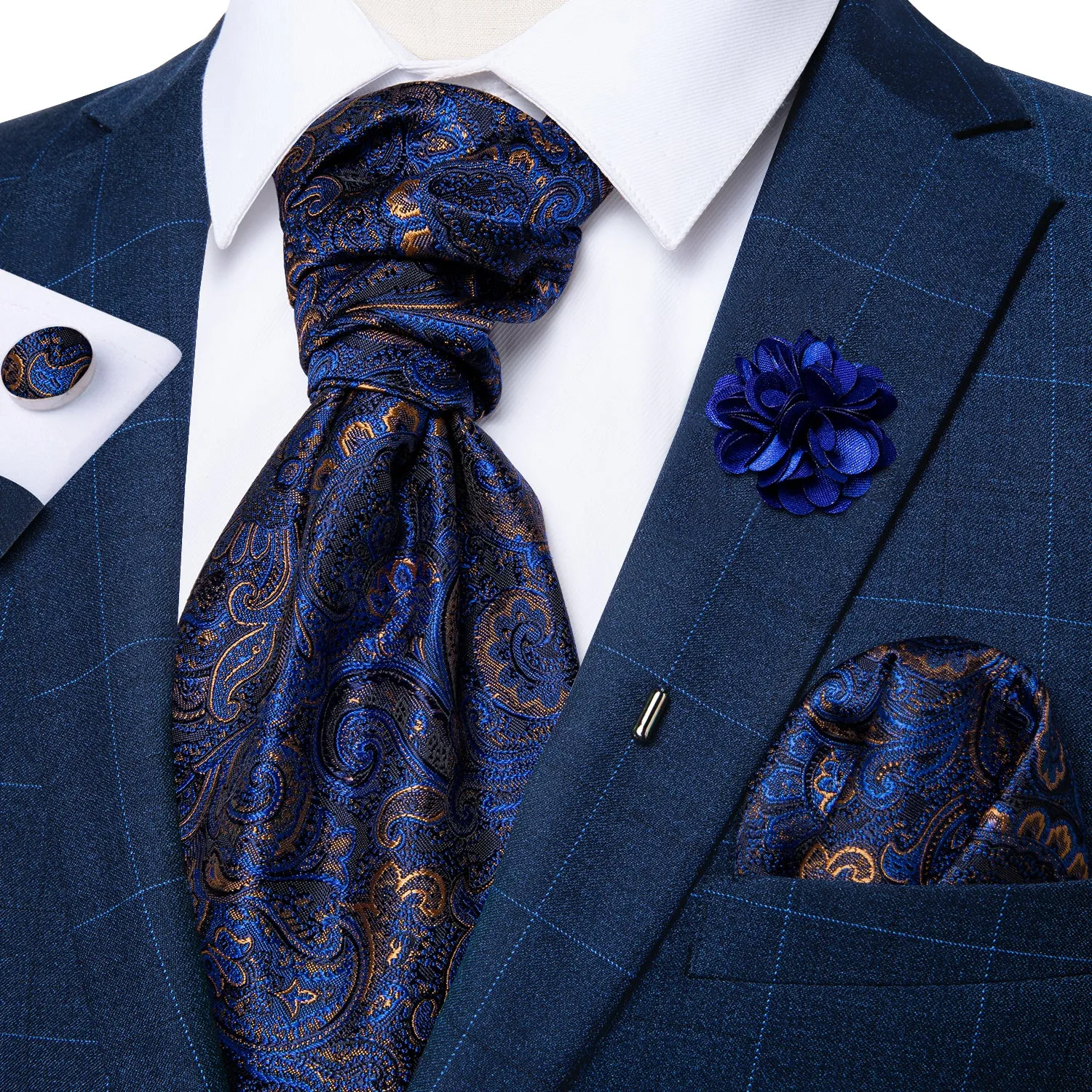 Deep Blue Paisley Ascot Cravat Pocket Square Cufflinks Set With Lapel Pin sold by Ties2You product image thumbnail 4