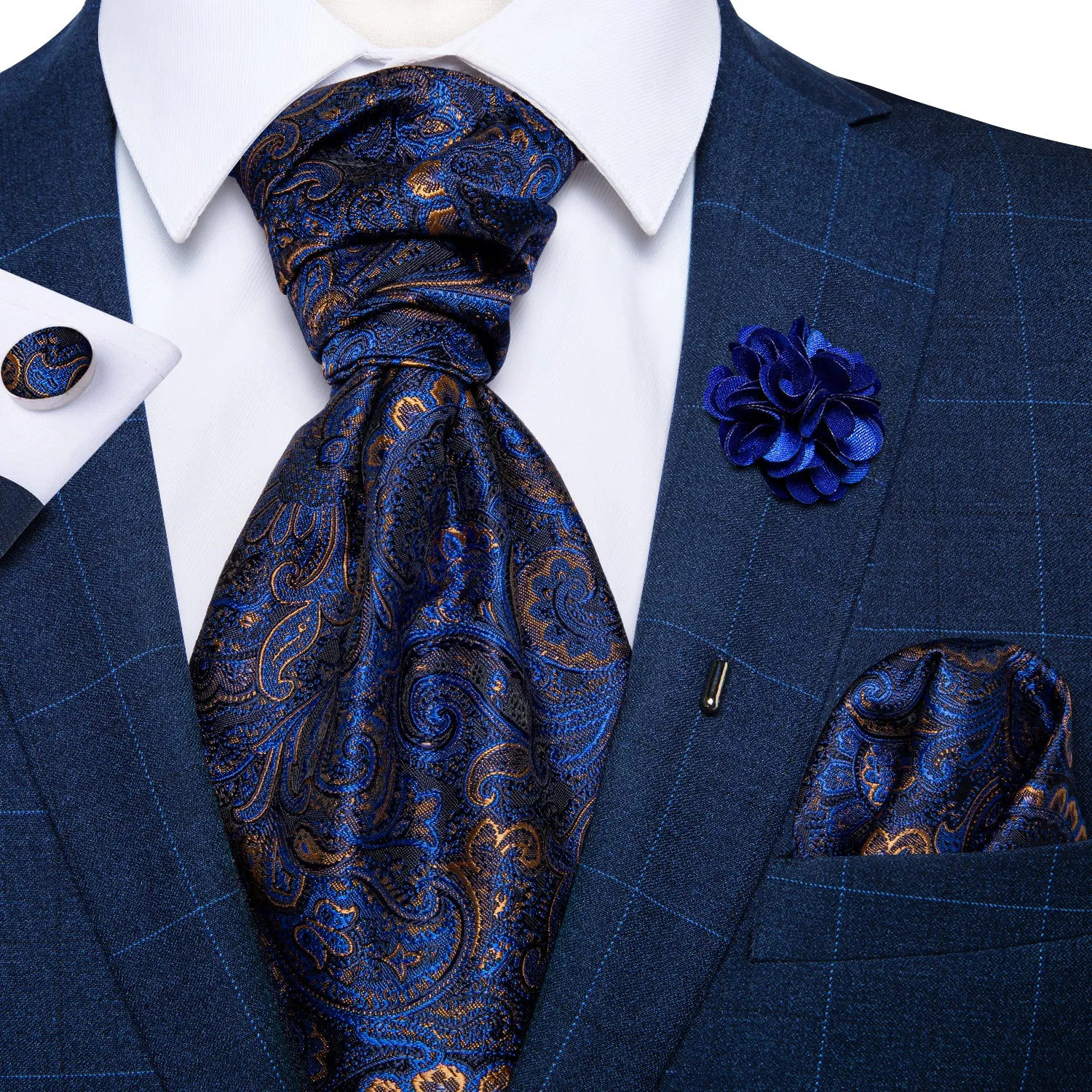 Deep Blue Paisley Ascot Cravat Pocket Square Cufflinks Set With Lapel Pin sold by Ties2You product image thumbnail 2