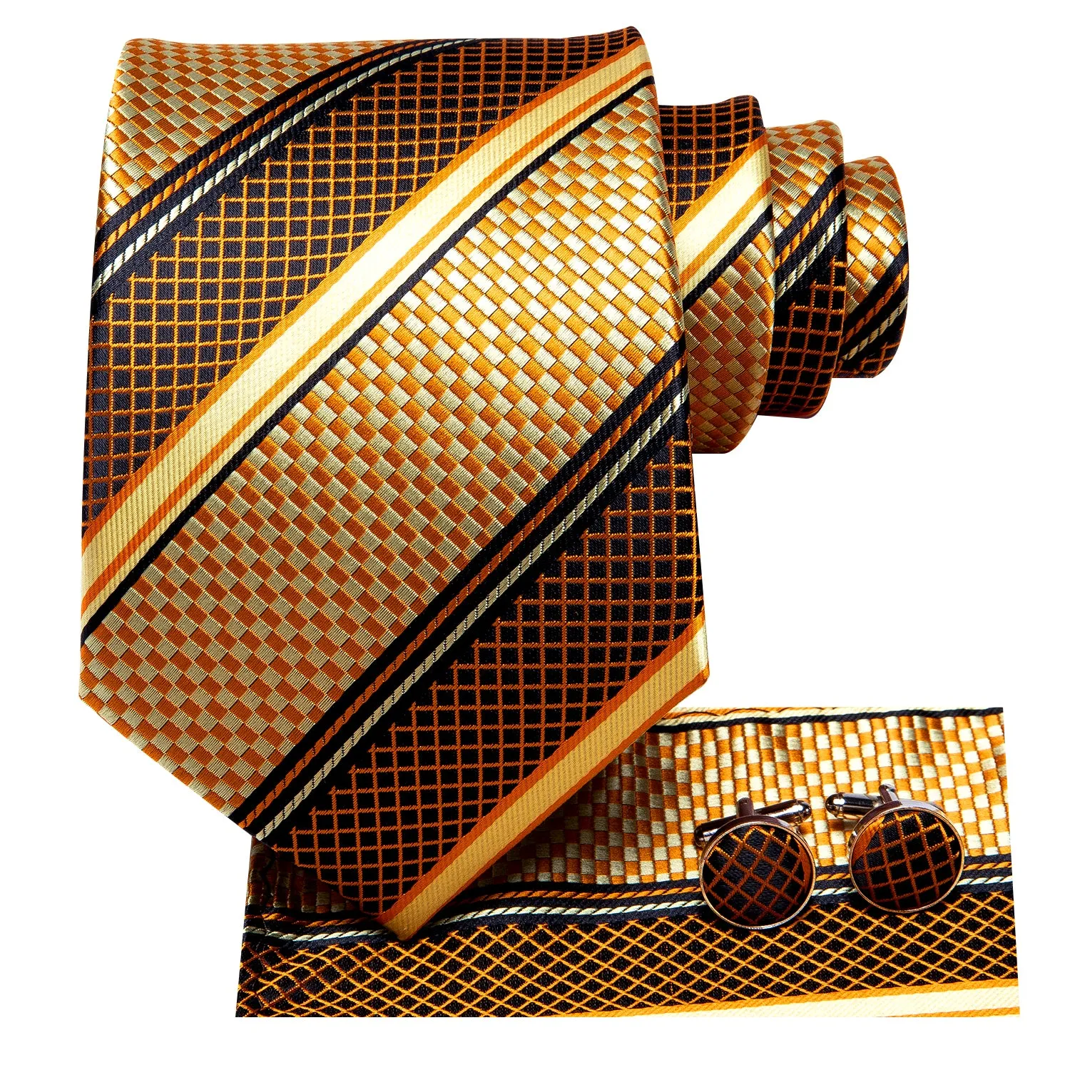 Ties2you Gold Tie Plaid Formal Silk Necktie Pocket Square Cufflinks Set for Men sold by Ties2You product image thumbnail 2