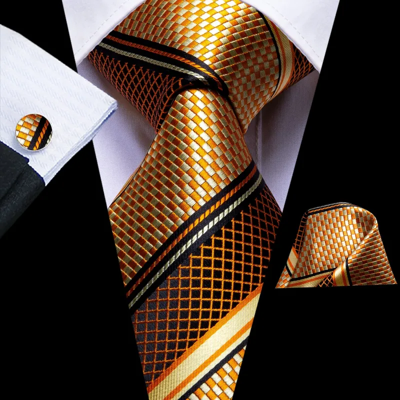 Ties2you Gold Tie Plaid Formal Silk Necktie Pocket Square Cufflinks Set for Men made by Ties2You