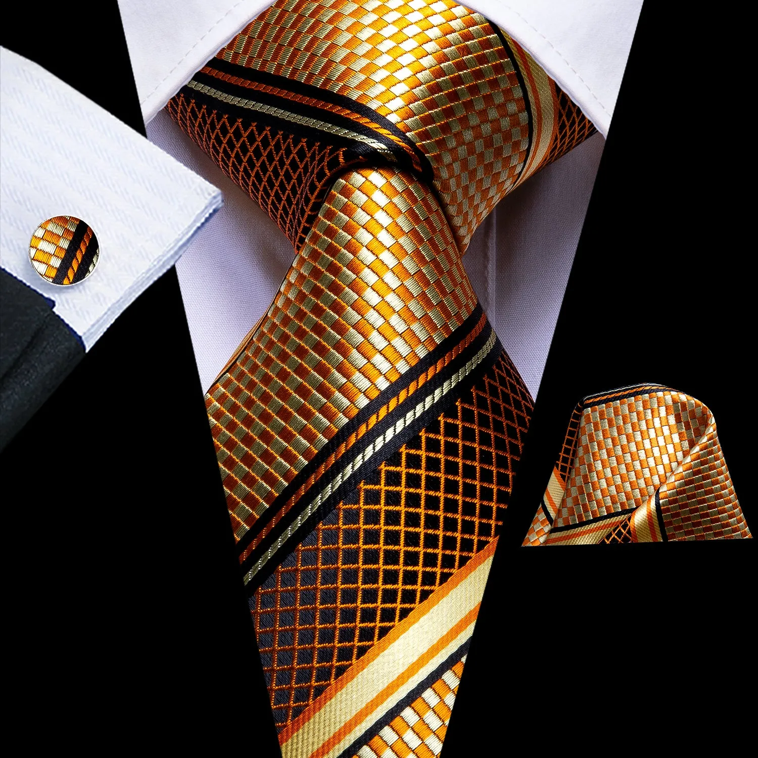 Ties2you Gold Tie Plaid Formal Silk Necktie Pocket Square Cufflinks Set for Men sold by Ties2You