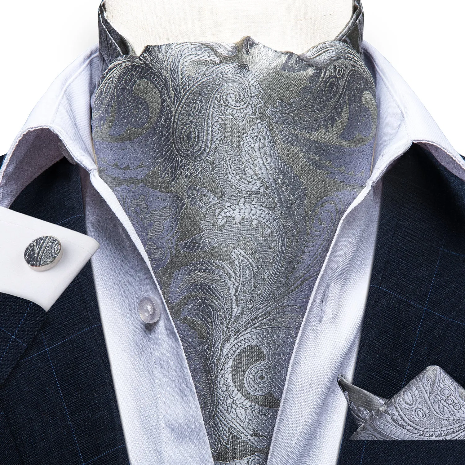 Silver Grey Paisley Ascot Cravat Pocket Square Cufflinks Set sold by Ties2You product image thumbnail 3
