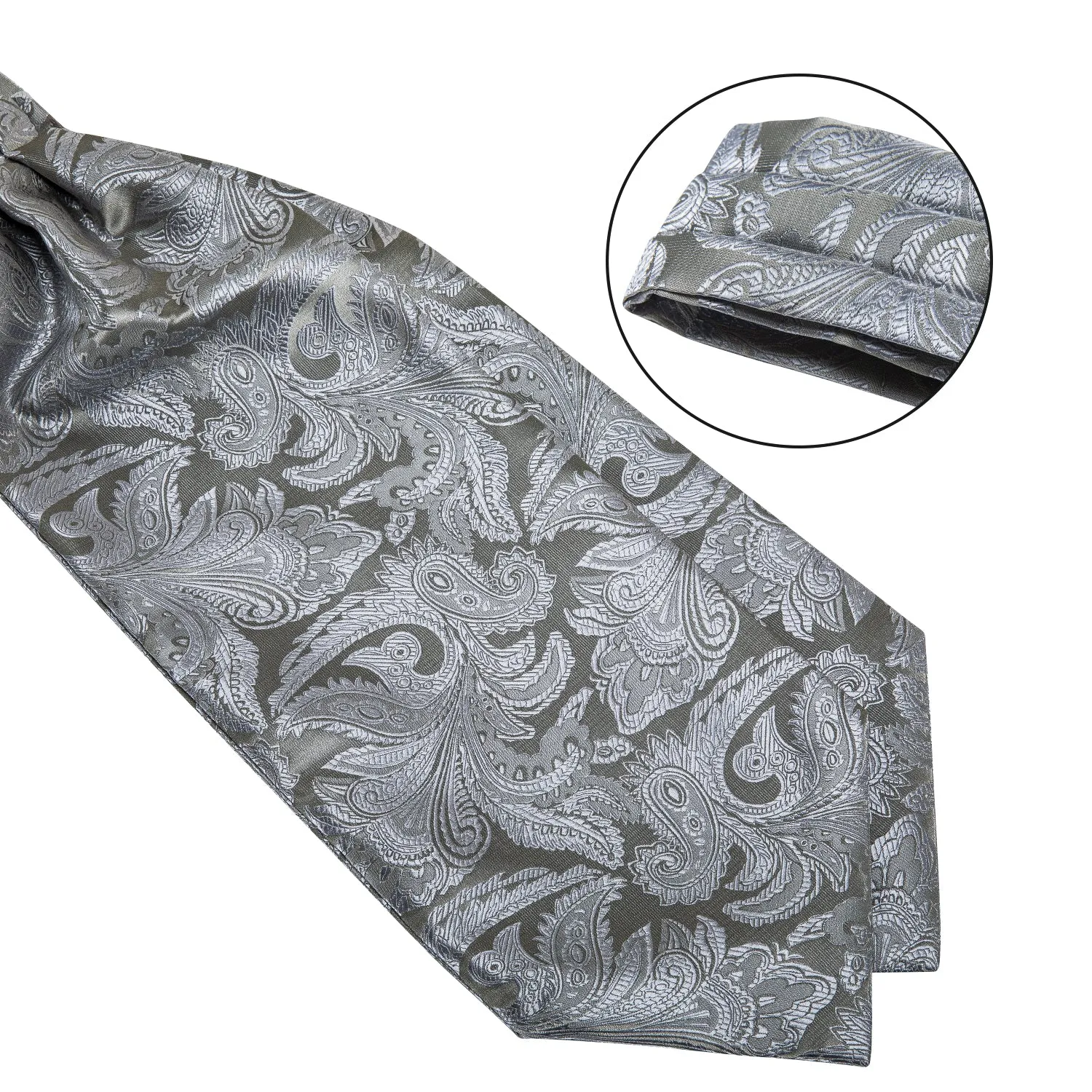 Silver Grey Paisley Ascot Cravat Pocket Square Cufflinks Set sold by Ties2You product image thumbnail 4