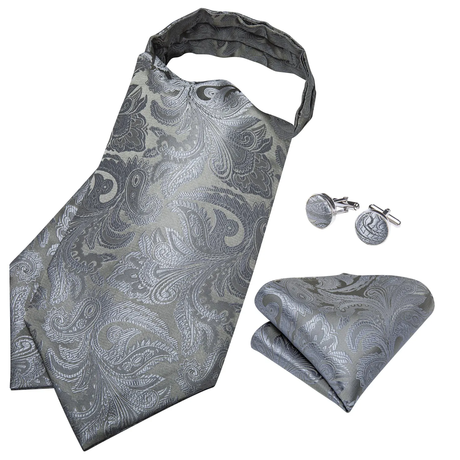 Silver Grey Paisley Ascot Cravat Pocket Square Cufflinks Set sold by Ties2You product image thumbnail 2